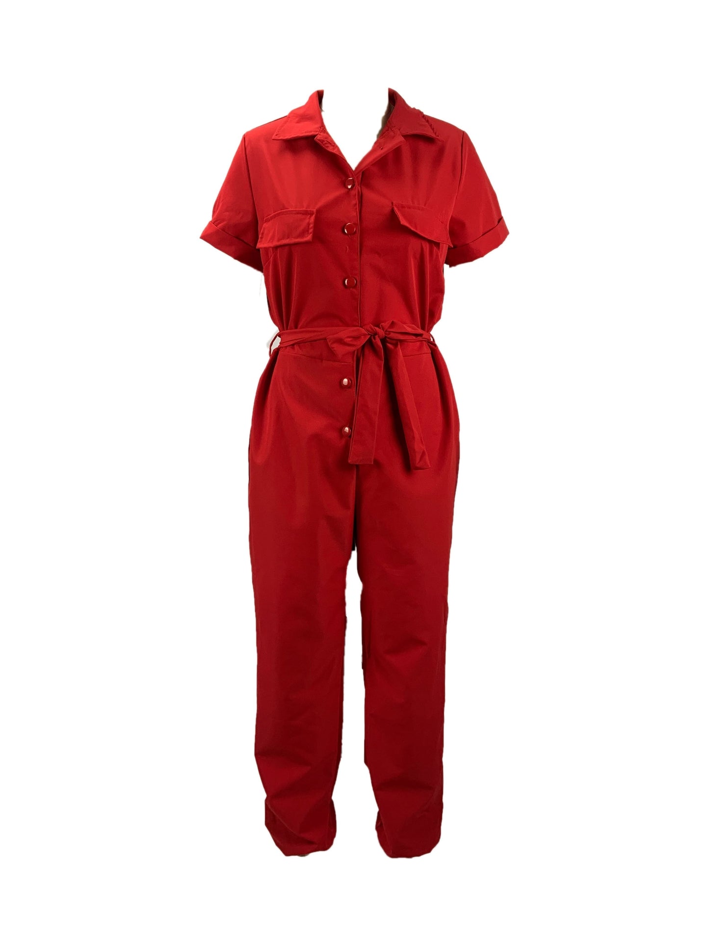 vlovelaw Y2K Solid Lapel Button Down Short Sleeve Tie Waist Cargo Jumpsuit, Casual Long Length Pockets Rompers Overalls, Women's Clothing
