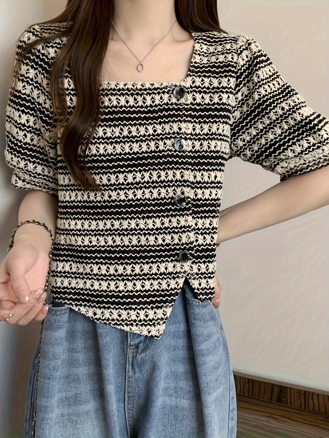 vlovelaw Striped Pattern Button Decor Blouse, Versatile Square Neck Short Sleeve Blouse For Spring & Summer, Women's Clothing