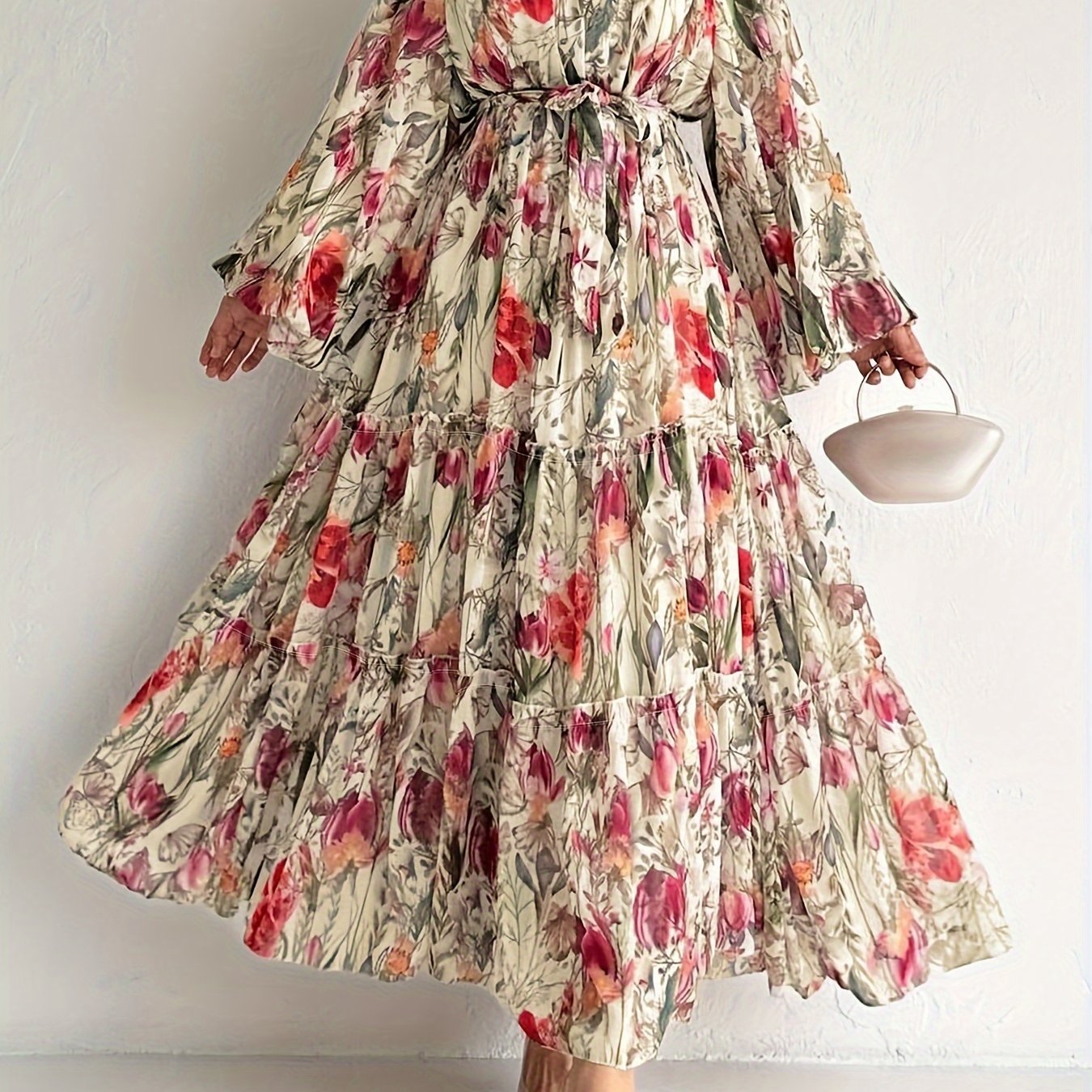vlovelaw Floral Print Crew Neck Dress, Casual Lantern Sleeve Belted Dress, Women's Clothing