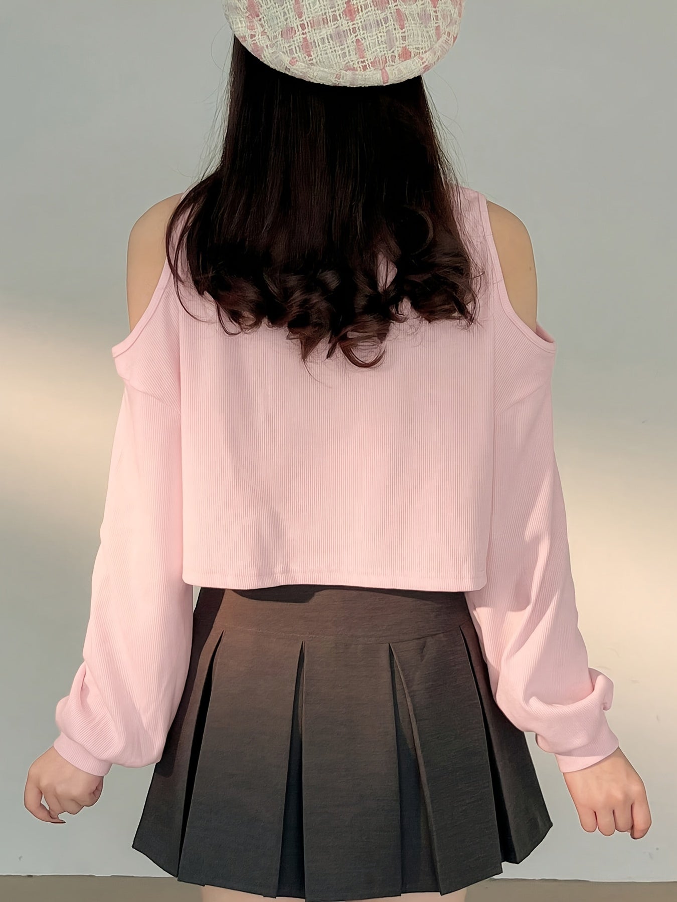 Cold Shoulder Crop T-Shirt, Casual Long Sleeve Crew Neck Top, Women's Clothing