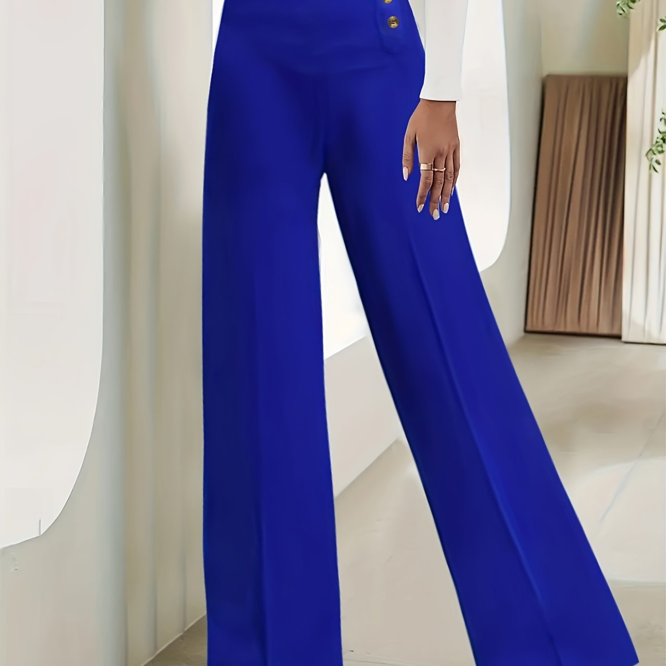 vlovelaw Solid Straight Leg Pants, Casual High Waist Button Pants, Women's Clothing