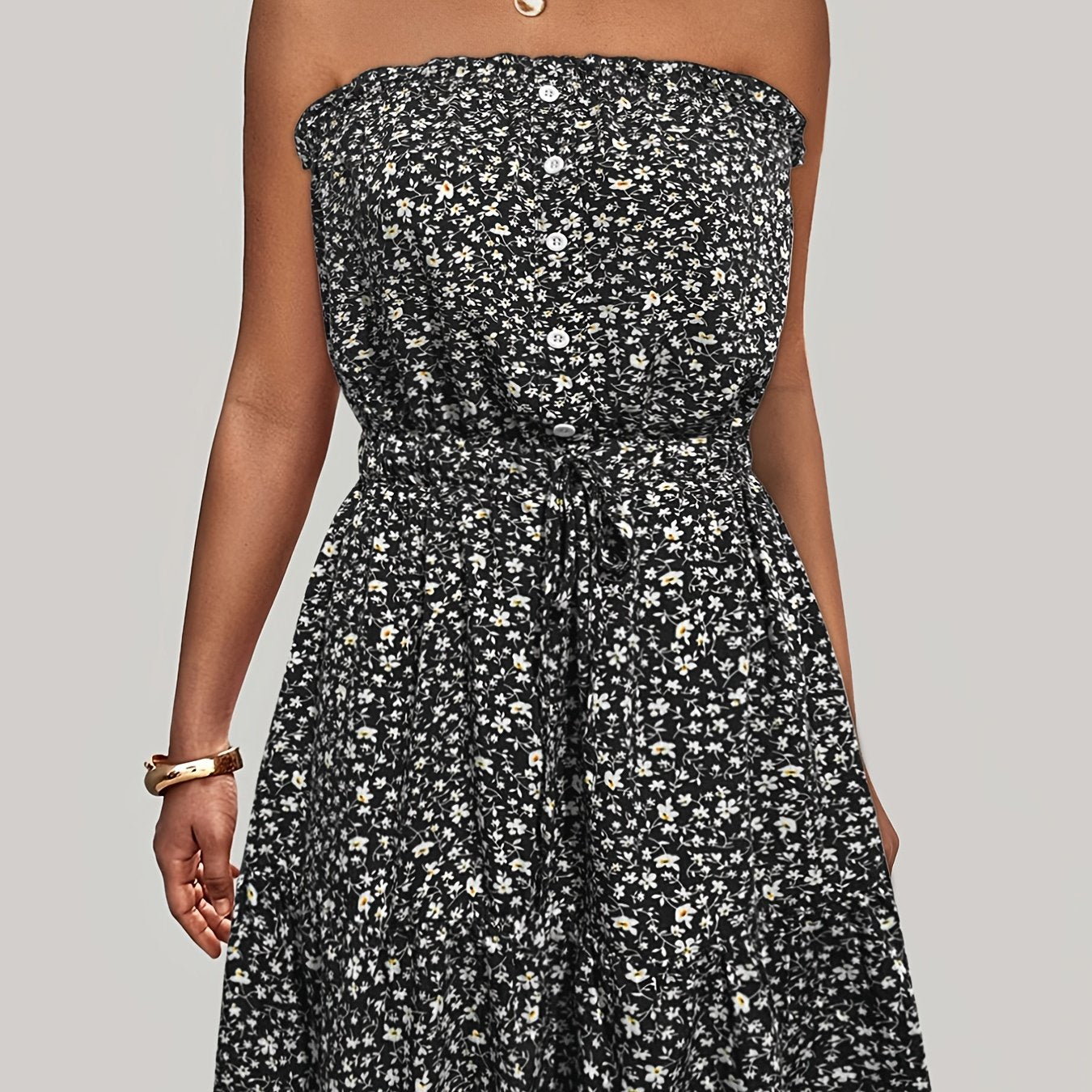 Ditsy Floral Off Shoulder Dress, Sexy Sleeveless Drawstring Summer Dress, Women's Clothing
