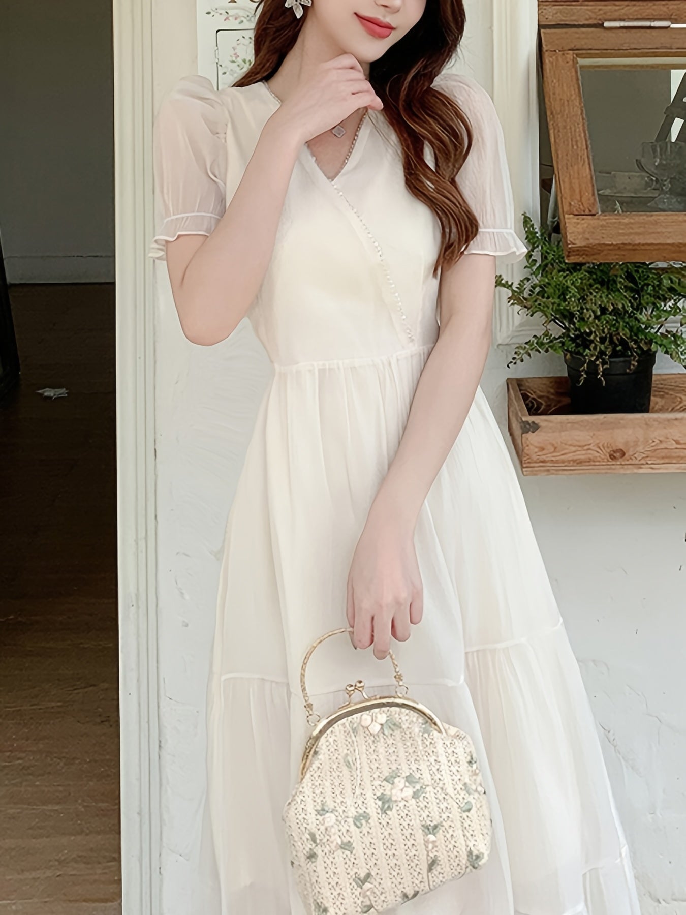 vlovelaw Mesh Overlay Puff Sleeve Dress, Elegant V-neck A-line Dress For Spring & Summer, Women's Clothing