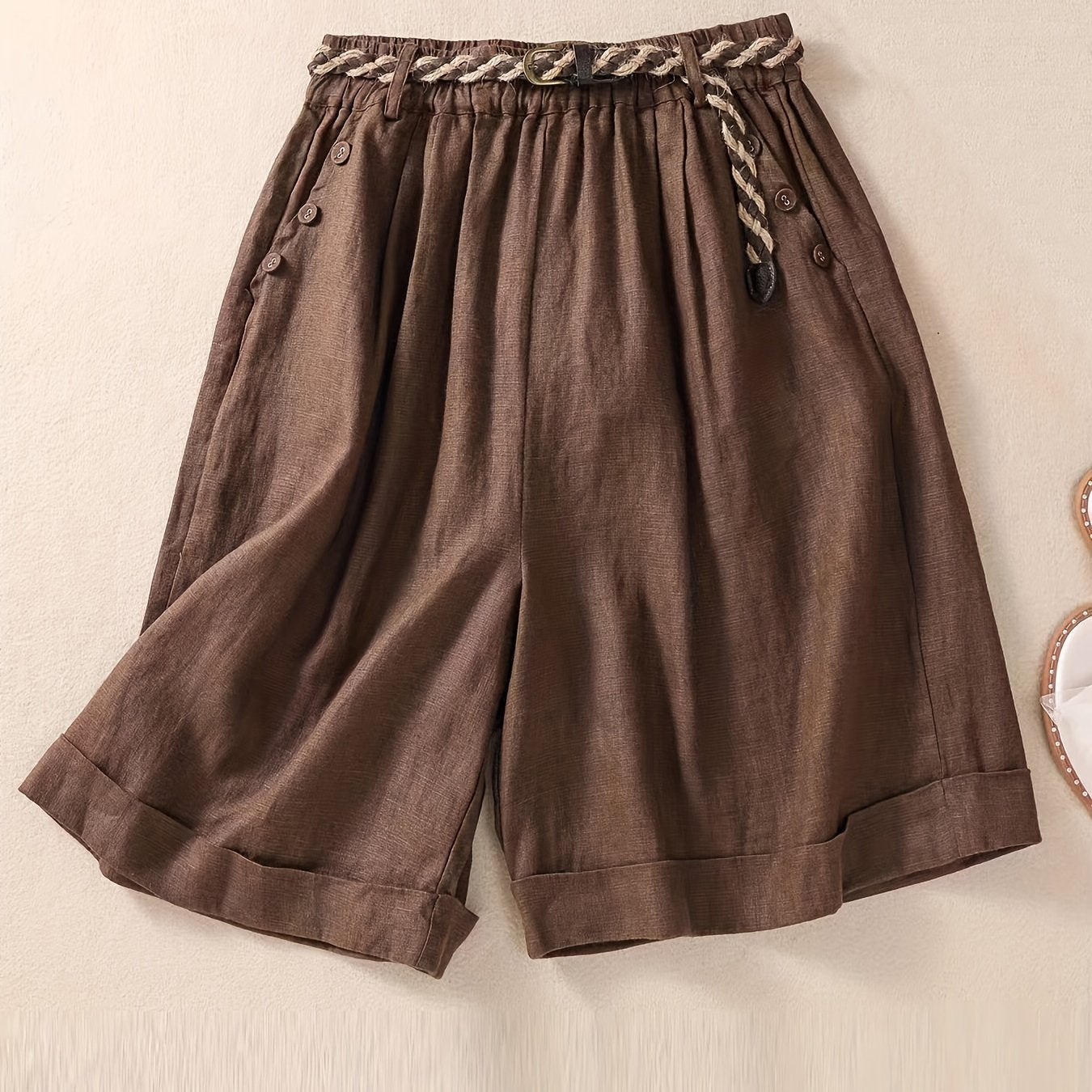 vlovelaw  Slant Pockets Belted Rolled Shorts, Casual Button Decor Loose Shorts For Spring & Summer, Women's Clothing