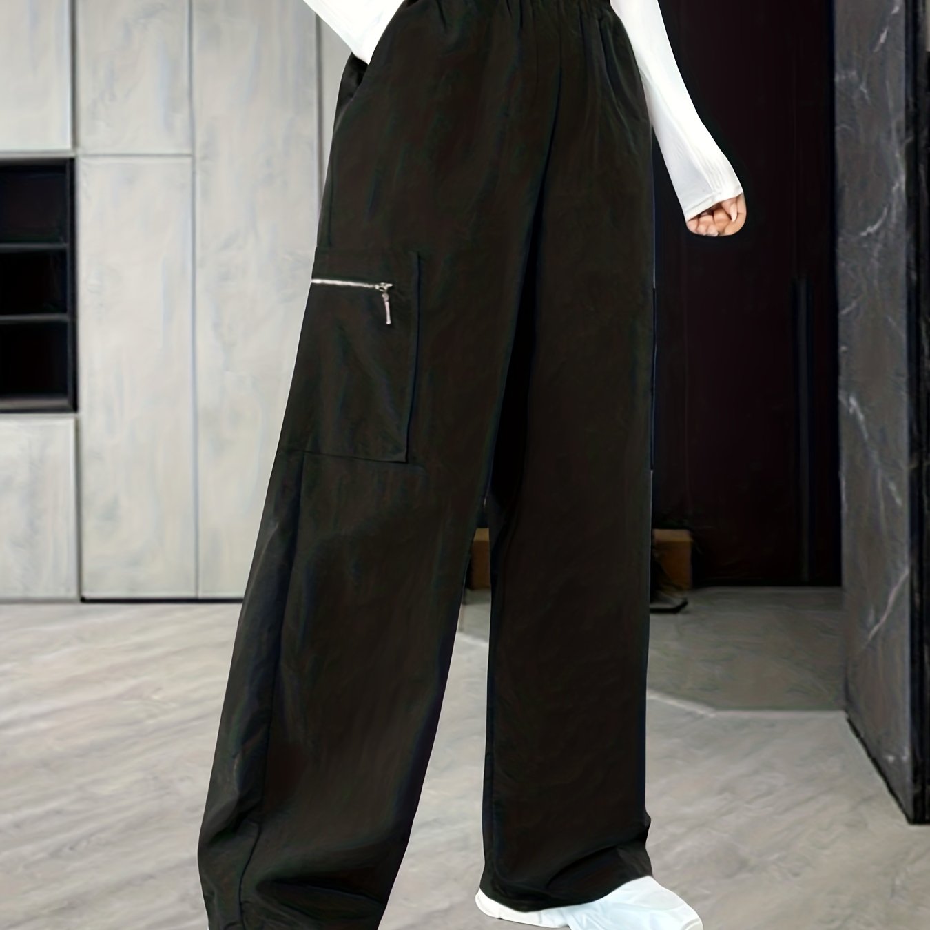 Solid Color Wide Leg Cargo Pants, Casual Loose Pocket Pants For Spring & Summer, Women's Clothing