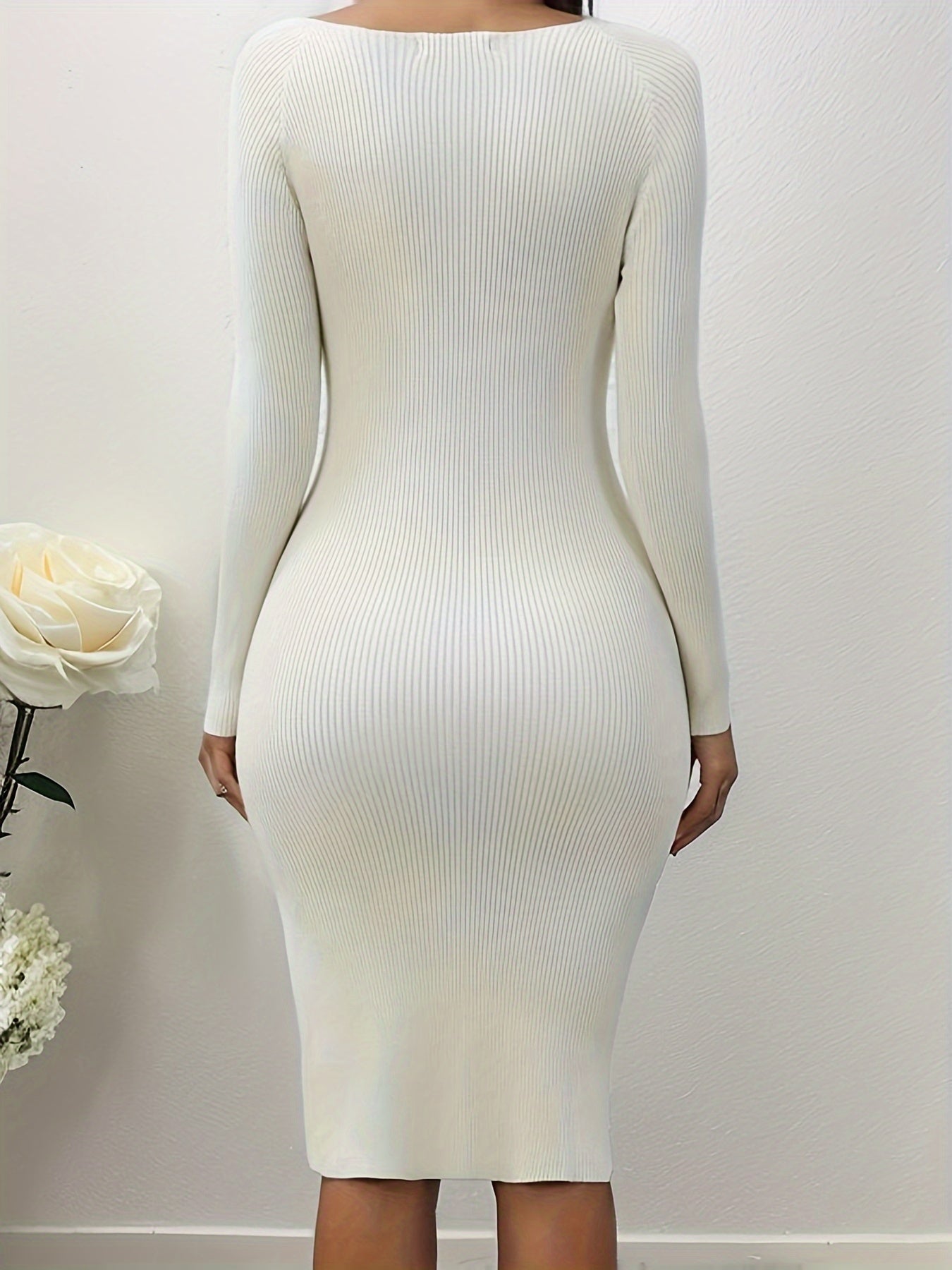vlovelaw Solid Sweetheart Neck Split Bodycon Dress, Elegant Long Sleeve Knitted Dress, Women's Clothing