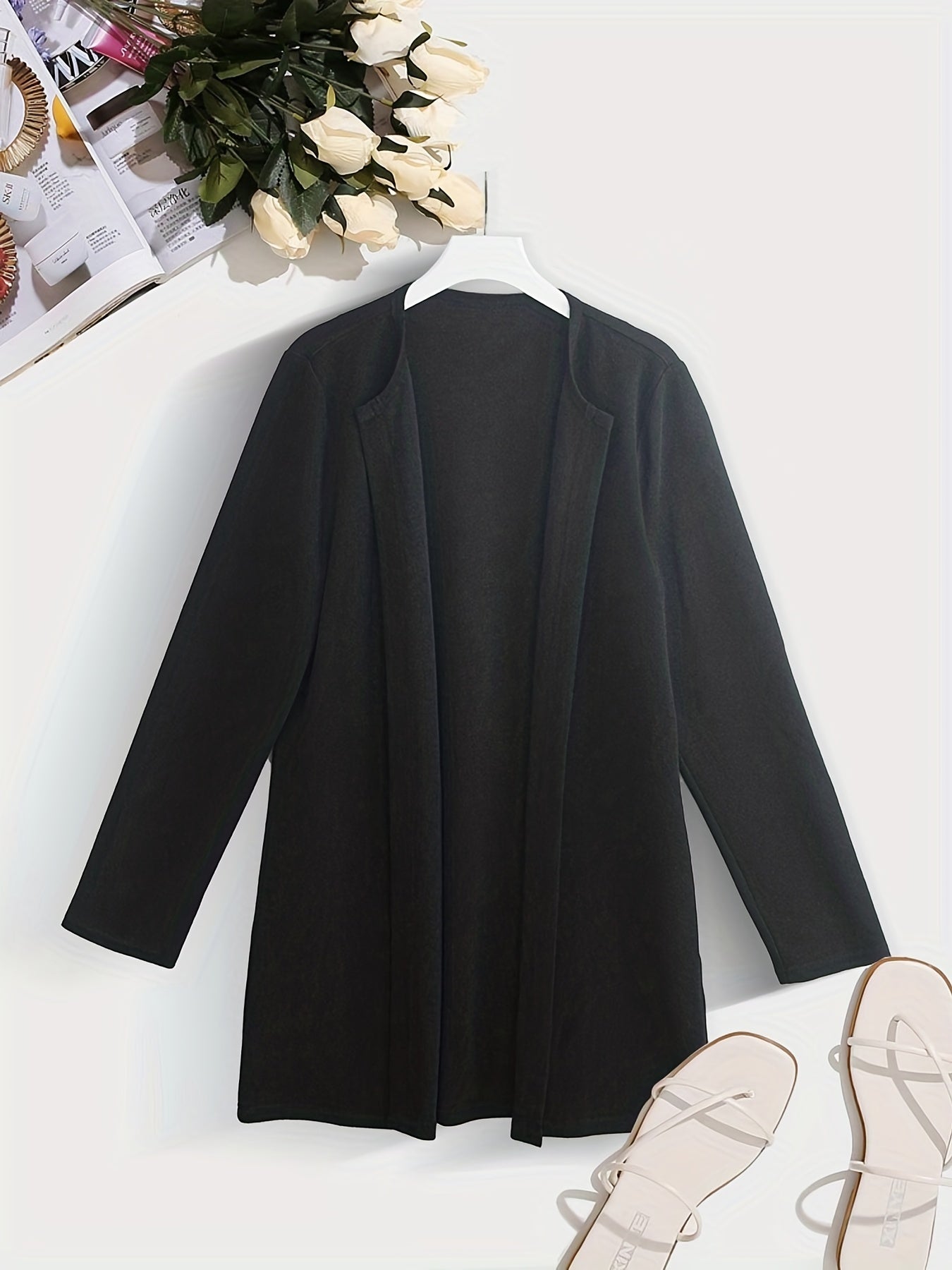 vlovelaw Solid Shawl Collar Jacket, Casual Long Sleeve Open Front Versatile Outerwear, Women's Clothing