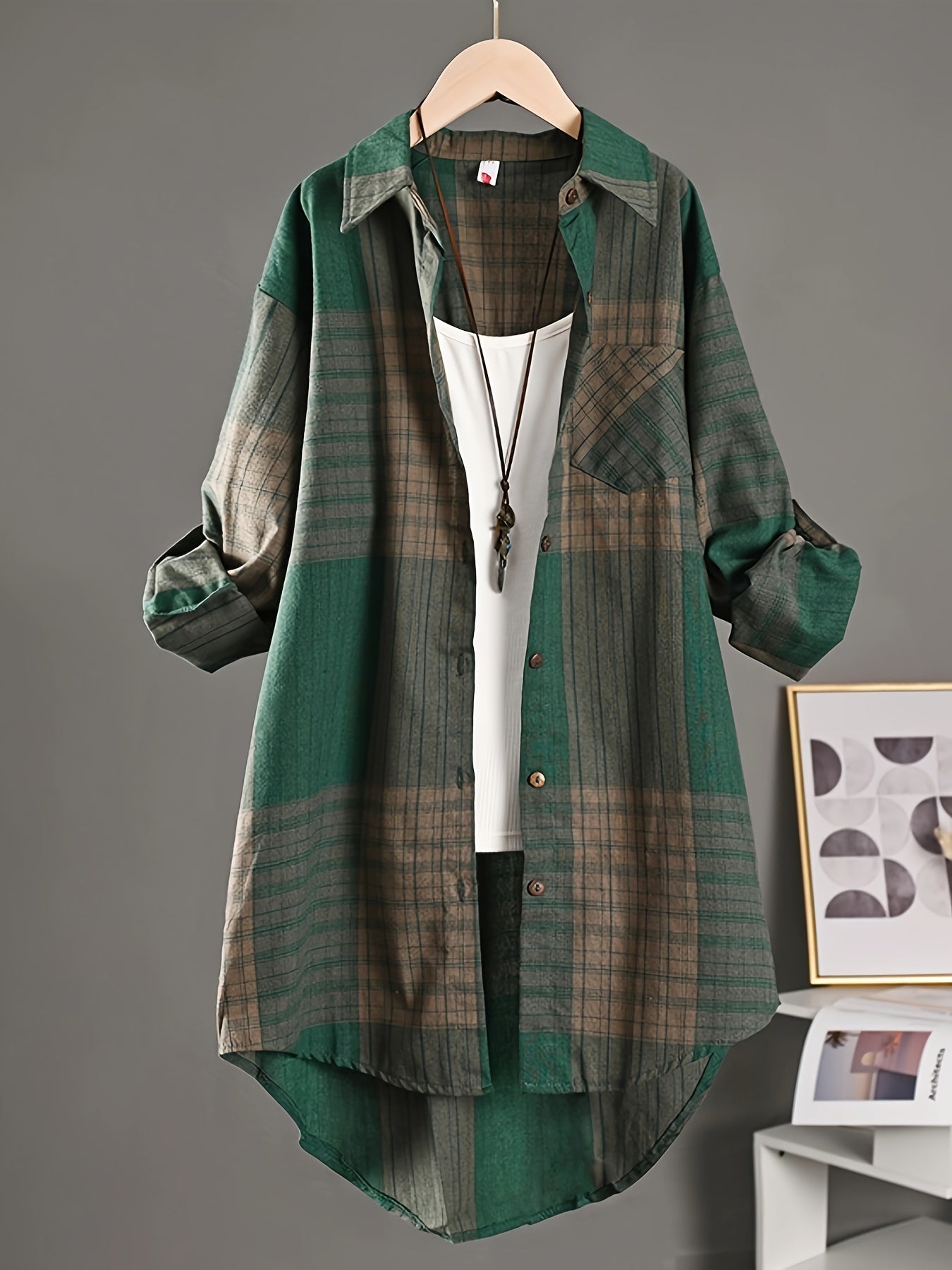 Colorblock Plaid Print Polo Collar Shirt, Casual Pocket Long Sleeve Shirt For Spring & Fall, Women's Clothing