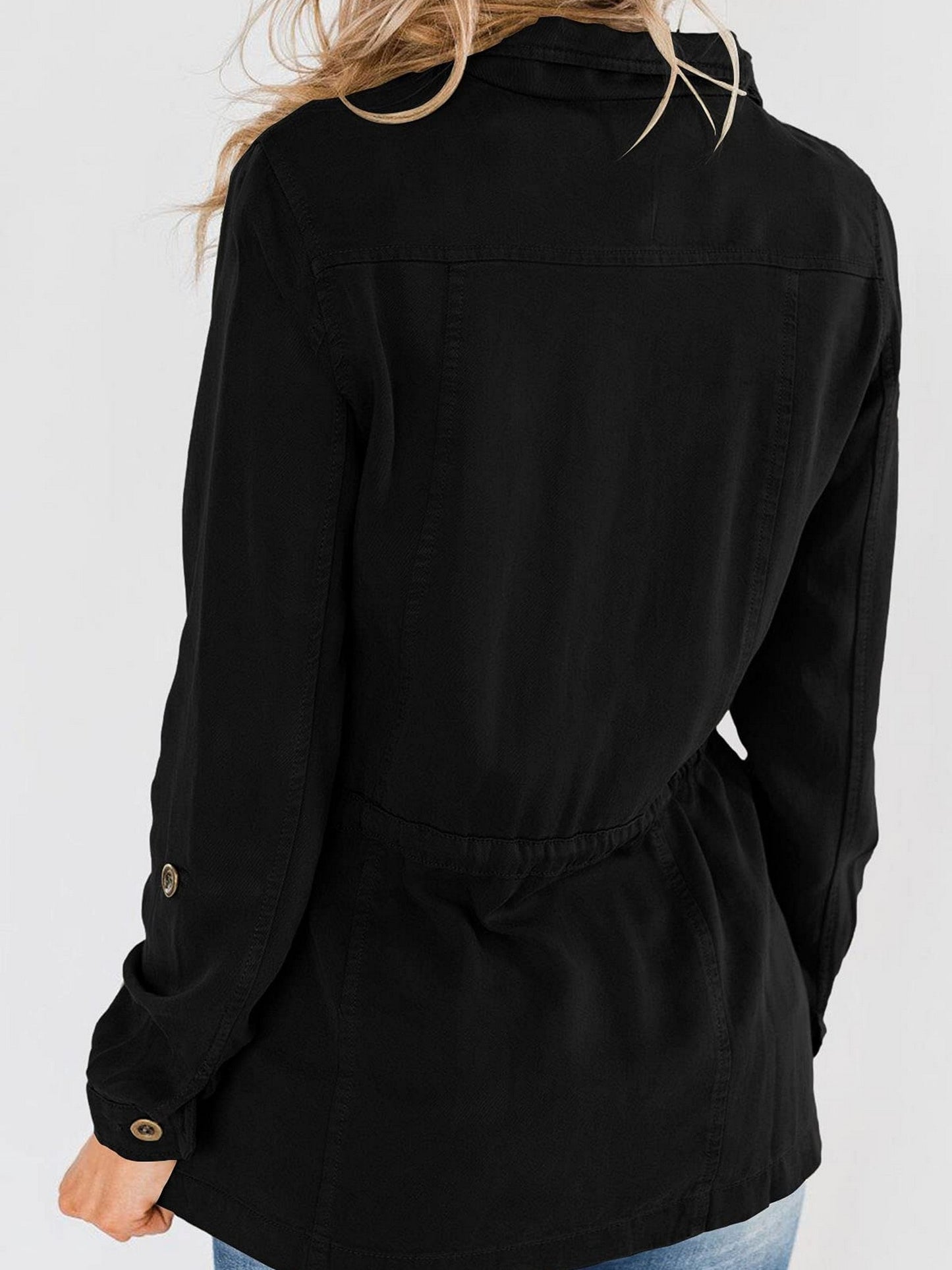 Casual Pockets Fashion Jacket, Lapel Long Sleeve Loose Waist Drawstring Outerwear, Women's Clothing