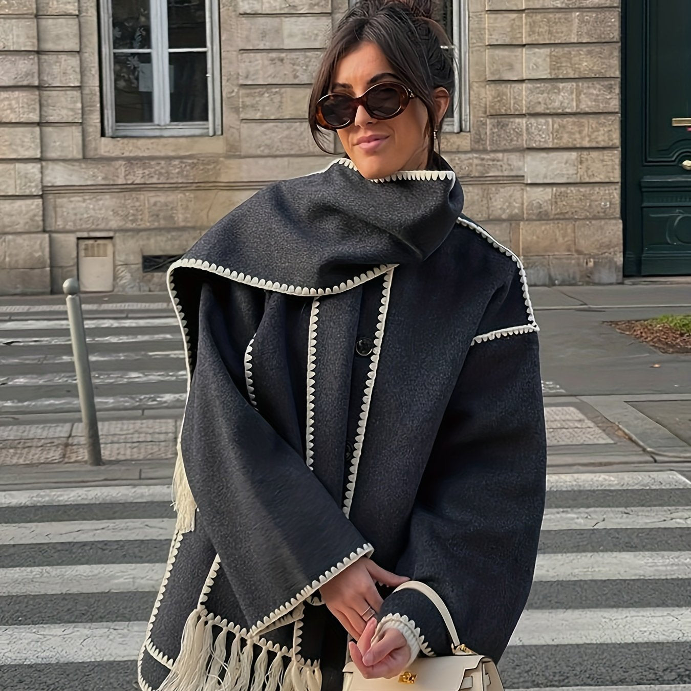 vlovelaw Contrast Trim Tassel Coat, Elegant Long Sleeve Button Front Outerwear, Women's Clothing