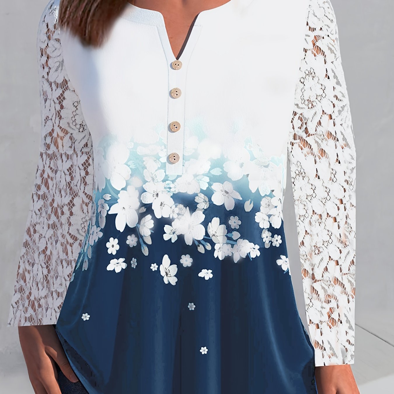 Floral Print Notch Neck T-Shirt, Casual Lace Stitching Long Sleeve Top For Spring & Fall, Women's Clothing