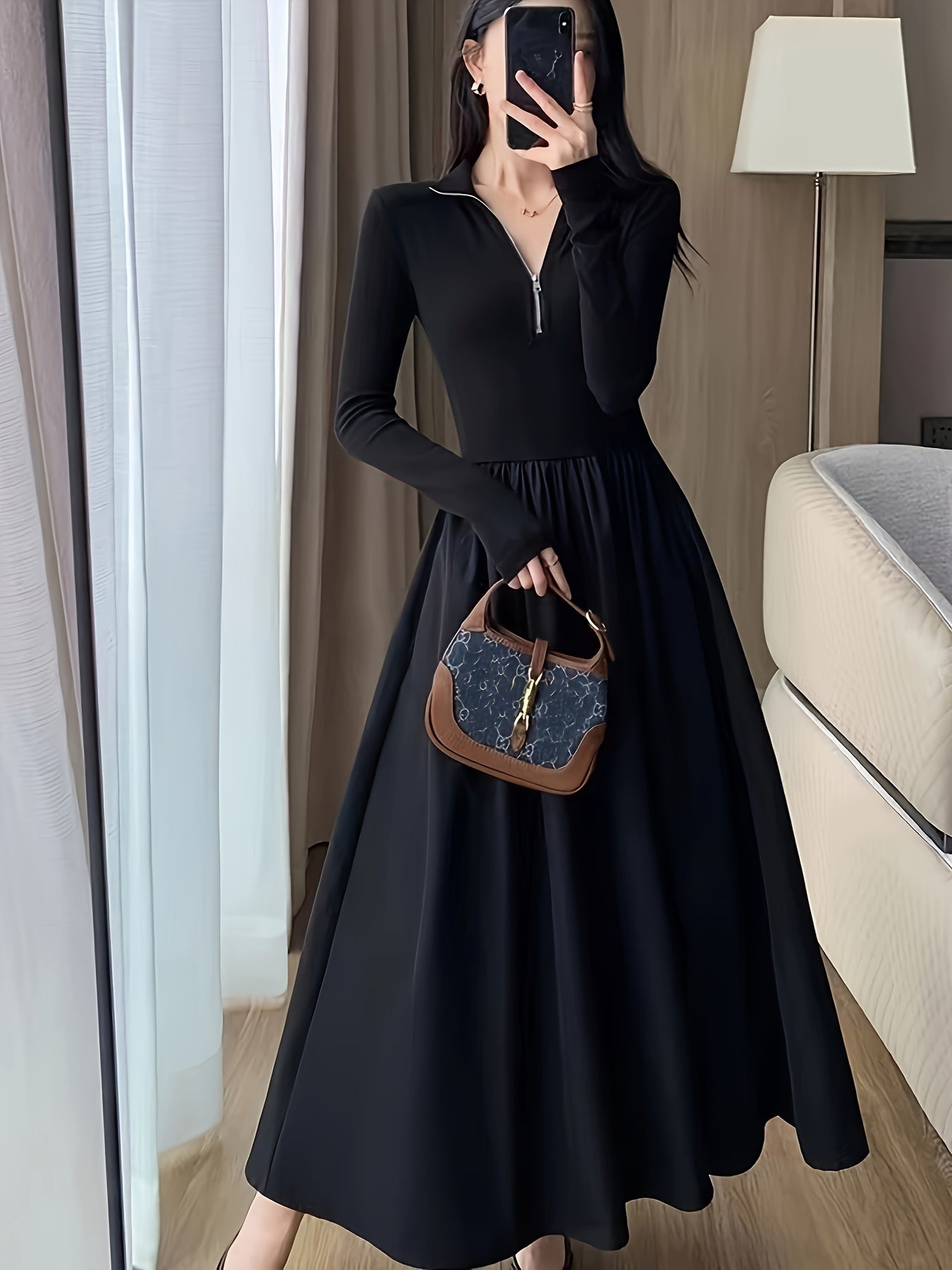 vlovelaw Zip-up Long Sleeve Lapel Dress, Chic Solid Color A-line Dress, Women's Clothing