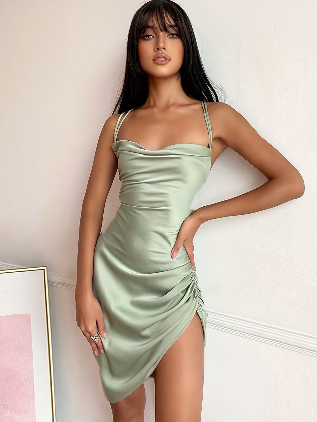 Backless Halter Neck Ruched Dress, Sexy Solid Sleeveless Asymmetric Hem Party Dress, Women's Clothing