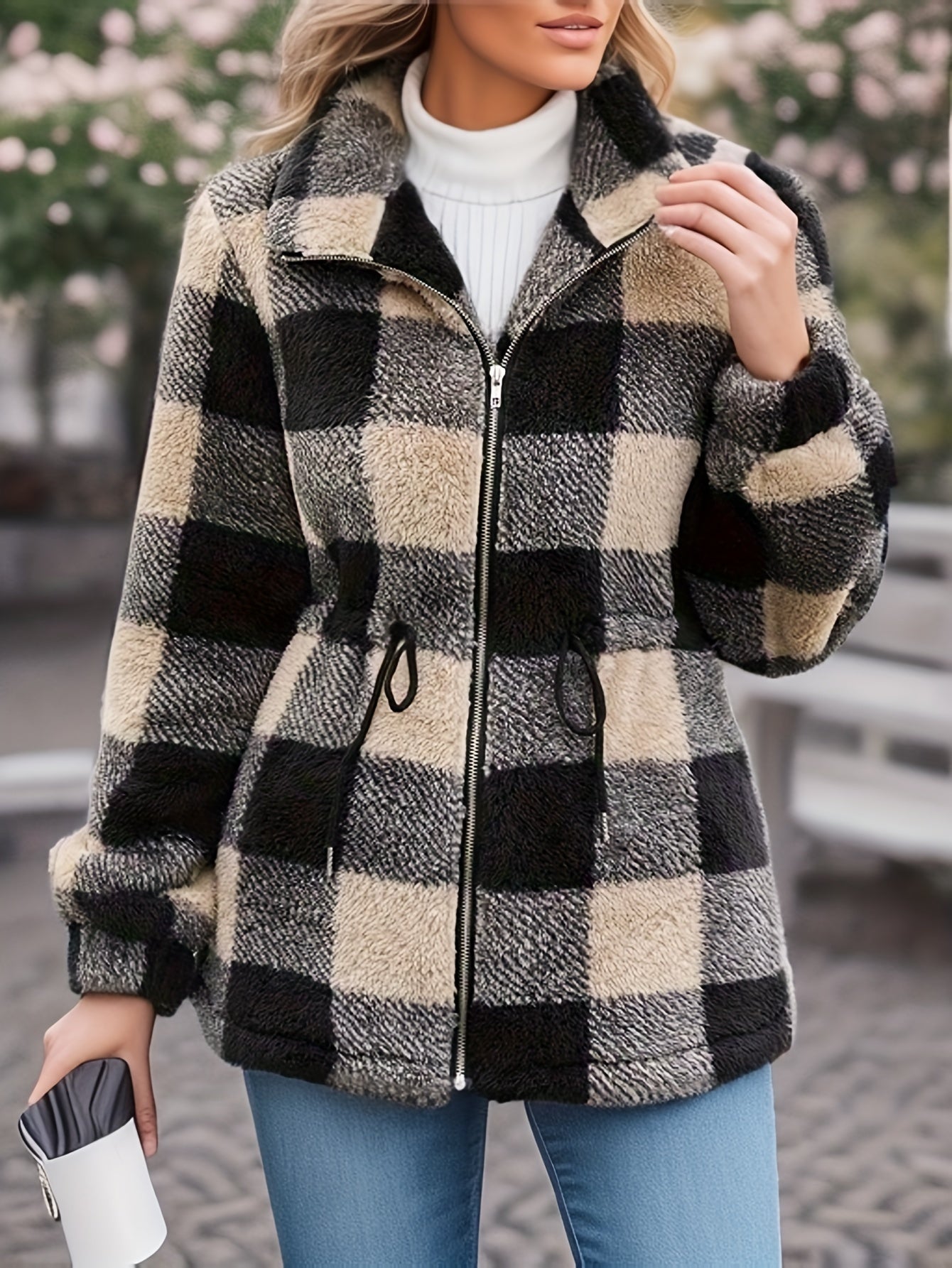 vlovelaw Plaid Pattern Drawstring Teddy Coat, Versatile Zipper Long Sleeve Warm Outwear For Fall & Winter, Women's Clothing