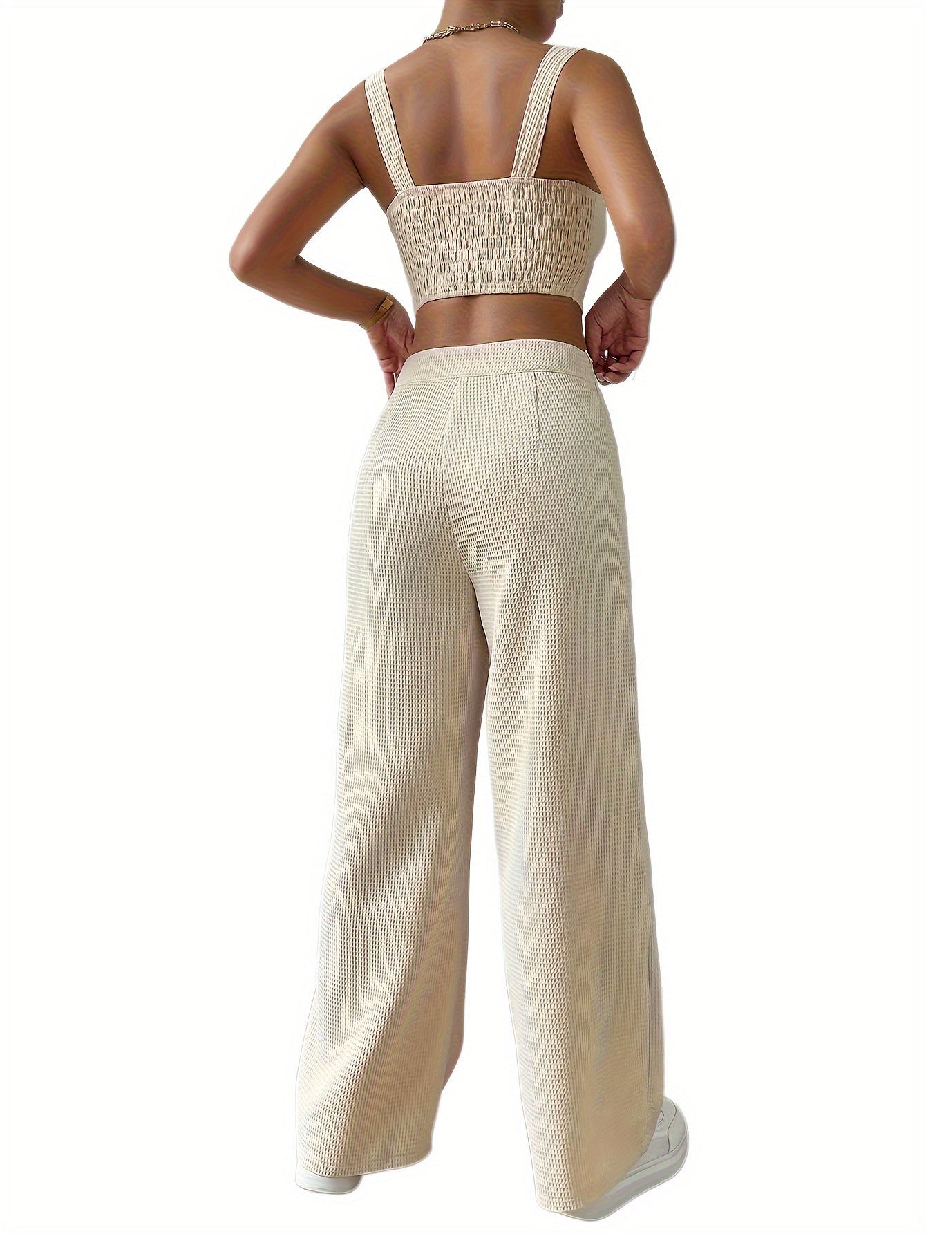 vlovelaw Solid Color Two-piece Set, Casual Sleeveless Hanky Hem Tank Top & High Waist Wide Leg Pants Outfits, Women's Clothing