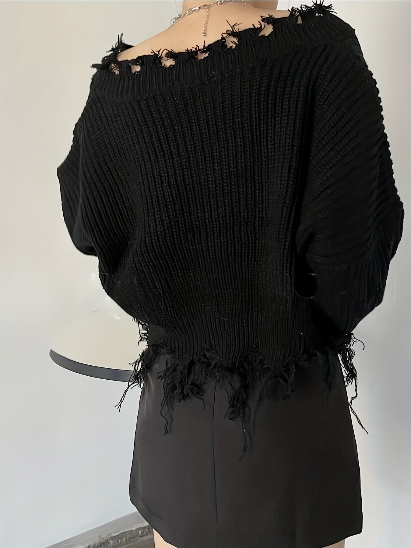 vlovelaw Vintage V Neck Ripped Knit Sweater, Elegant Long Sleeve Raw Hem Loose Sweater, Women's Clothing