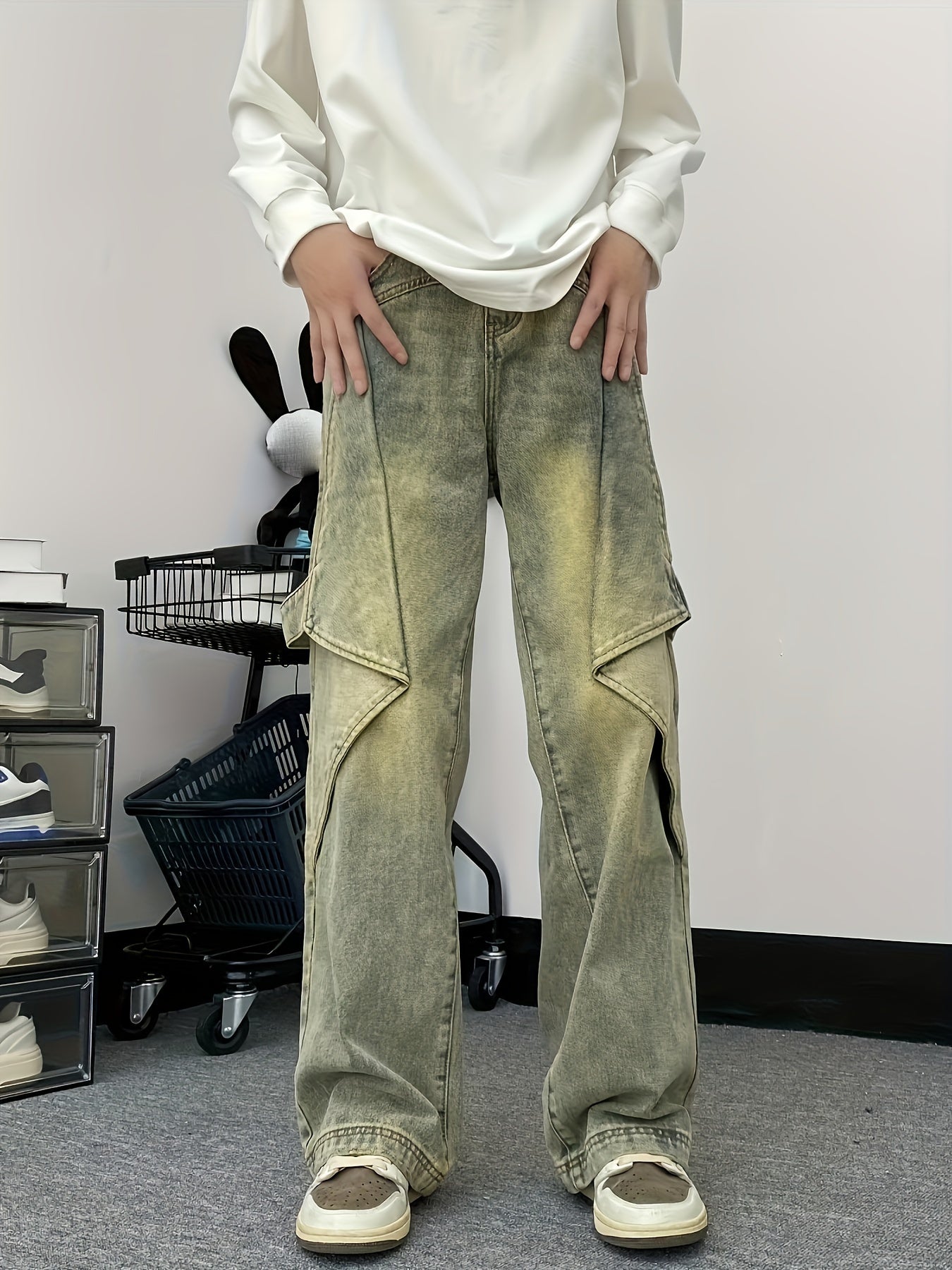vlovelaw Loose Fit Vintage Style Denim Pants, Men's Casual Street Style Wide Leg Jeans