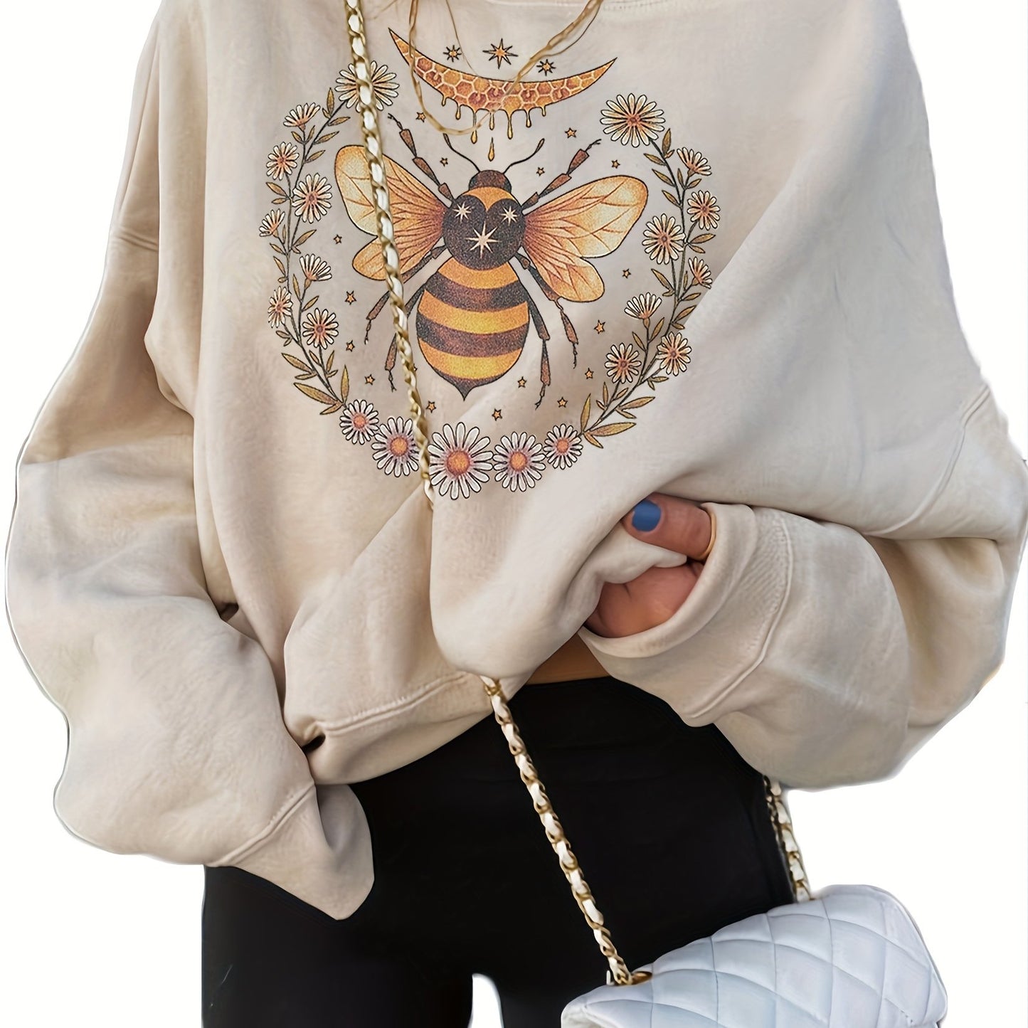Round Neck Bee Print Pullover, Casual Fashion Loose Long Sleeve Sweatshirt, Women's Clothing