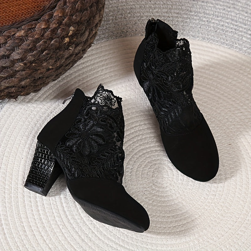vlovelaw Women's Flower Pattern Block Heels, Breathable Mesh Back Zipper Heels, Women's Stylish Heels