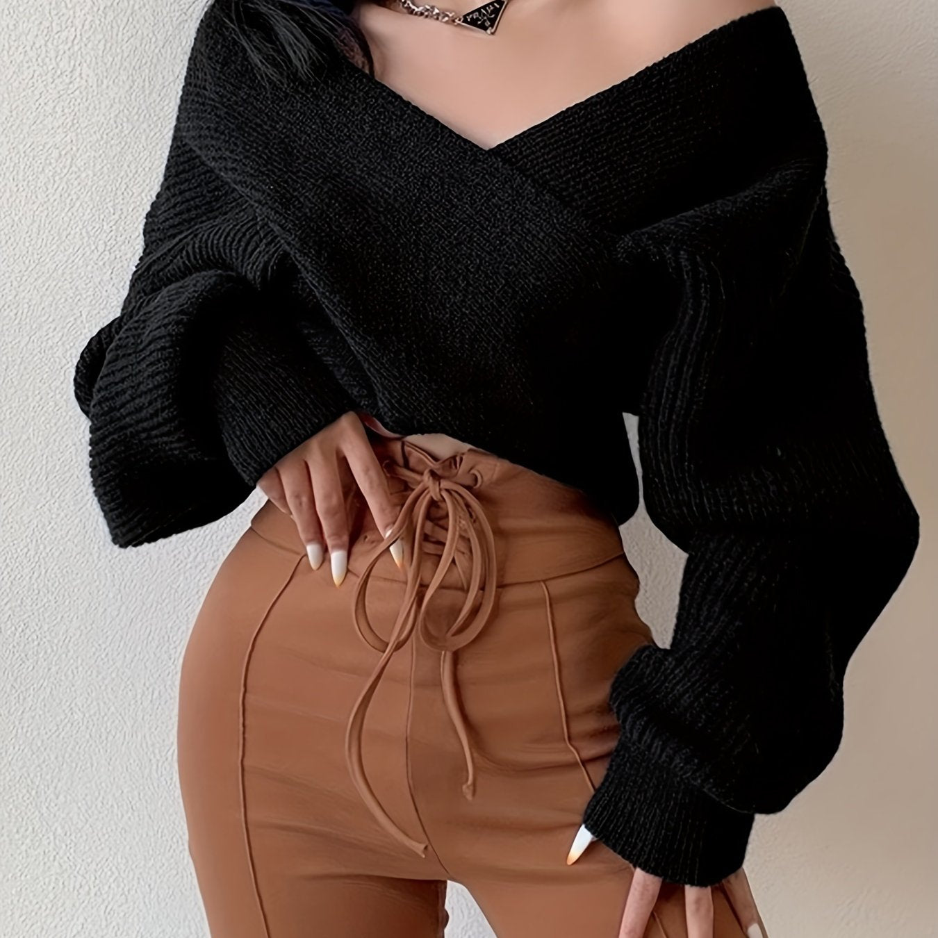 vlovelaw Solid Cross Front V Neck Sweater, Elegant Long Sleeve Pullover Sweater, Women's Clothing