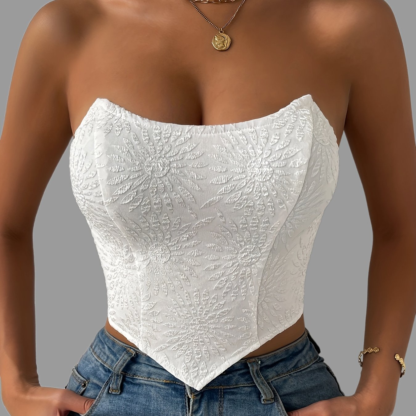 vlovelaw Floral Pattern Solid Tube Top, Casual Off Shoulder Hanky Hem Tube Top, Women's Clothing