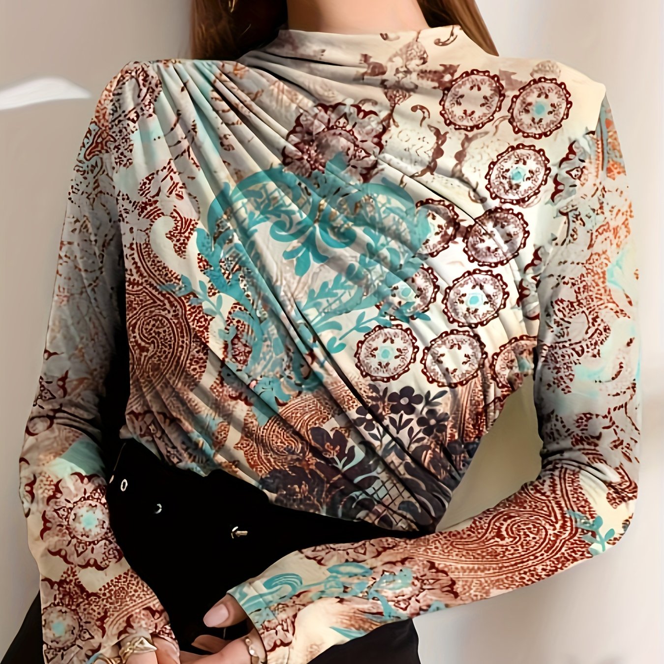 Floral Print Ruched Mock Neck T-Shirt, Casual Long Sleeve Top For Spring & Fall, Women's Clothing