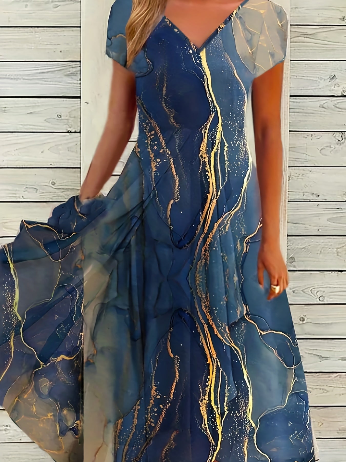 Marble Print Dress, Boho V Neck Short Sleeve Summer Dress, Women's Clothing