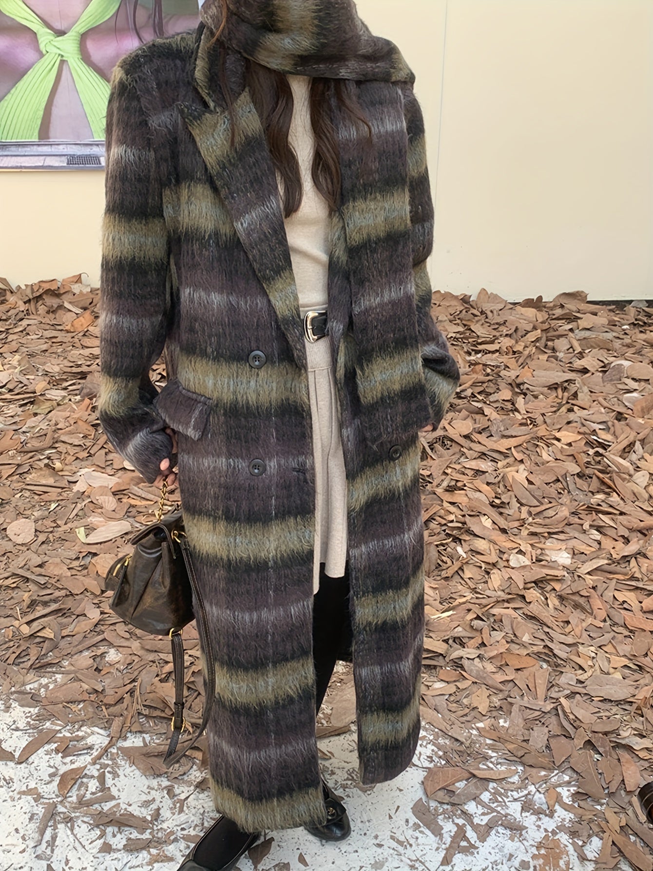 vlovelaw Plaid Print Double-breasted Coat, Casual Thermal Long Sleeve Lapel Overcoat For Winter, Women's Clothing