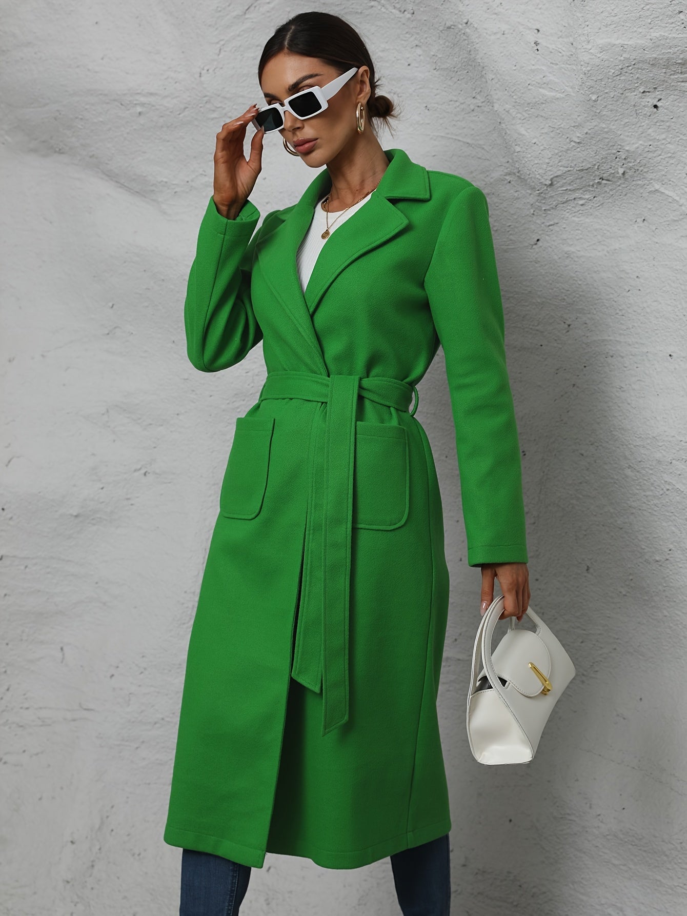 vlovelaw Dual Pocket Trench Coat, Tie Waist Solid Casual Coat For Winter & Fall, Women's Clothing