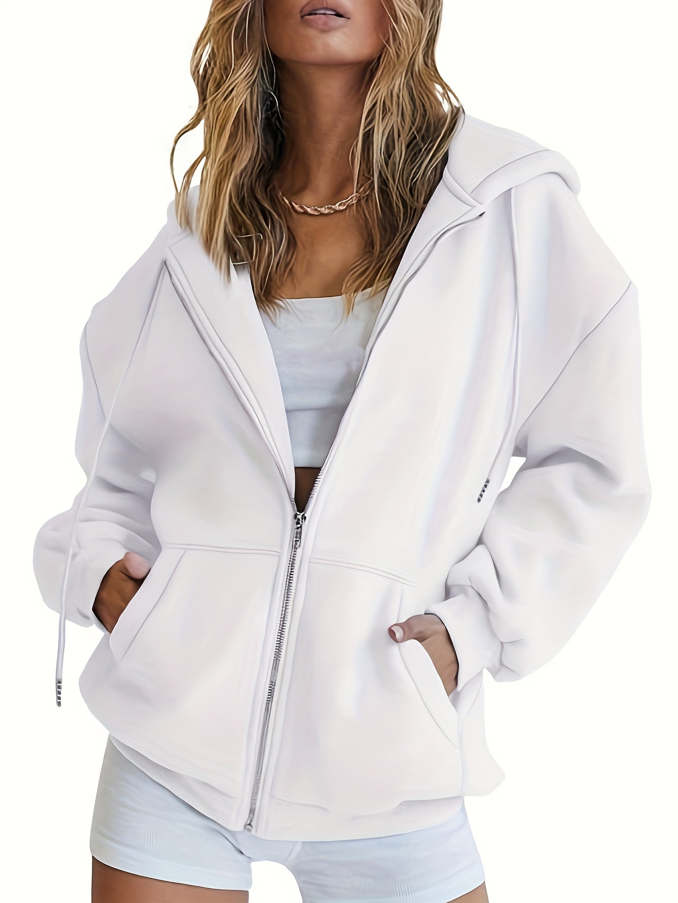 vlovelaw Solid Zip Up Pocket Hoodie, Casual Long Sleeve Drawstring Hoodies Sweatshirt, Women's Clothing