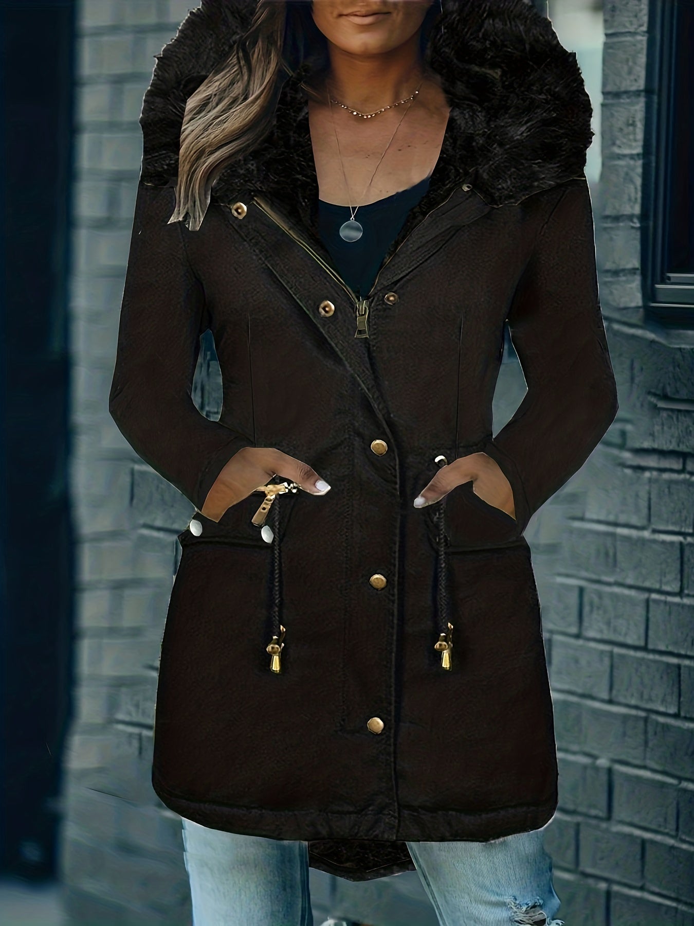 vlovelaw Faux Fur Hood Drawstring Parka Coat, Zip Up Button Front Pocket Thermal Overcoat, Women's Clothing