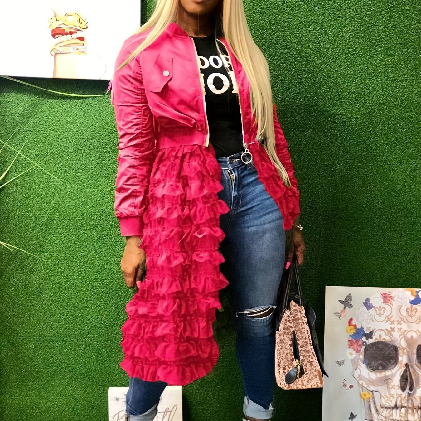 Solid Stand Collar Zipper Jacket With Stitching Ruffled Mesh, Cute Long Sleeve Spring & Fall Outerwear, Women's Clothing