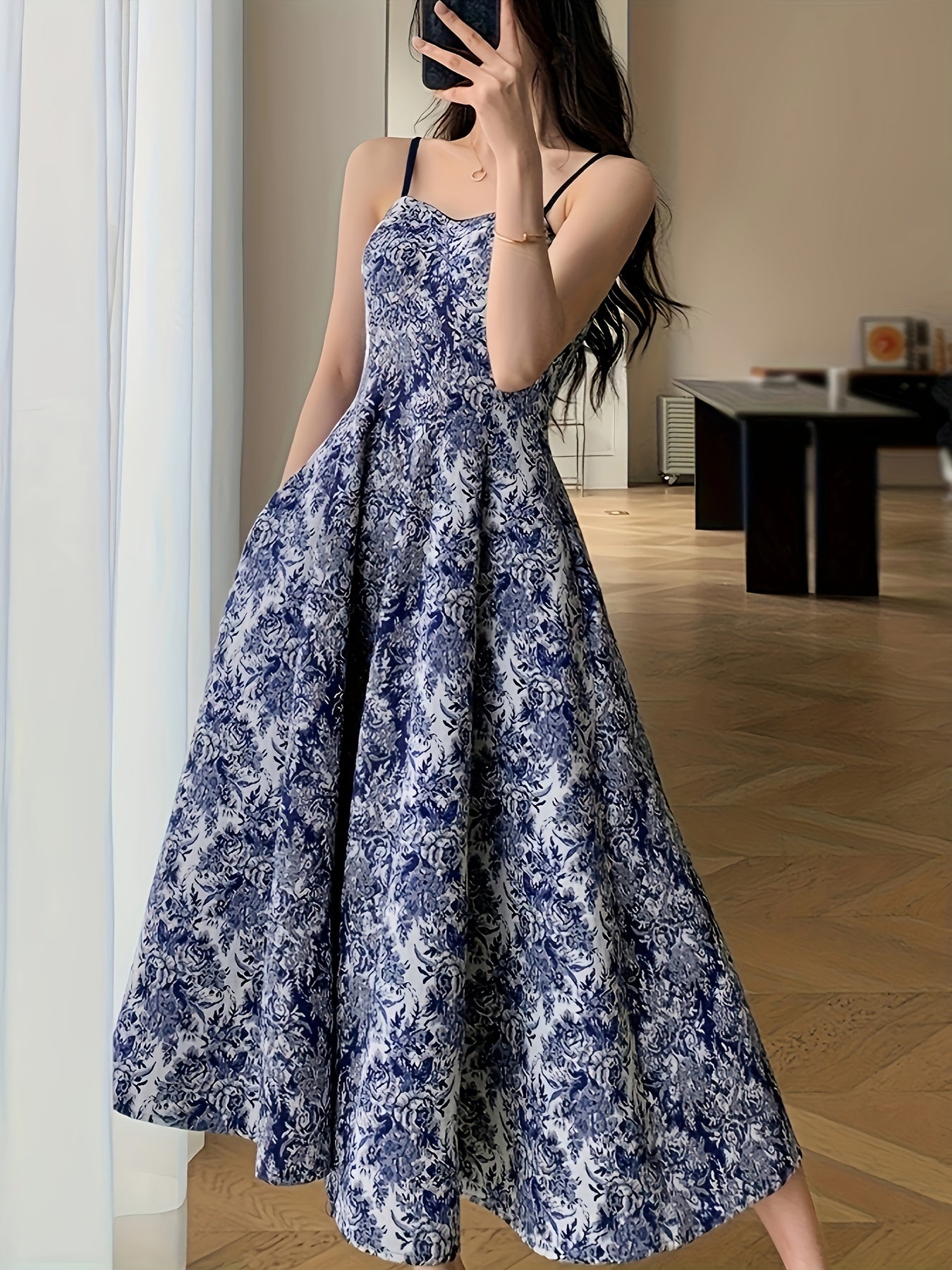 vlovelaw Floral Print Swing Cami Dress, Elegant Sleeveless Spaghetti Strap Dress, Women's Clothing