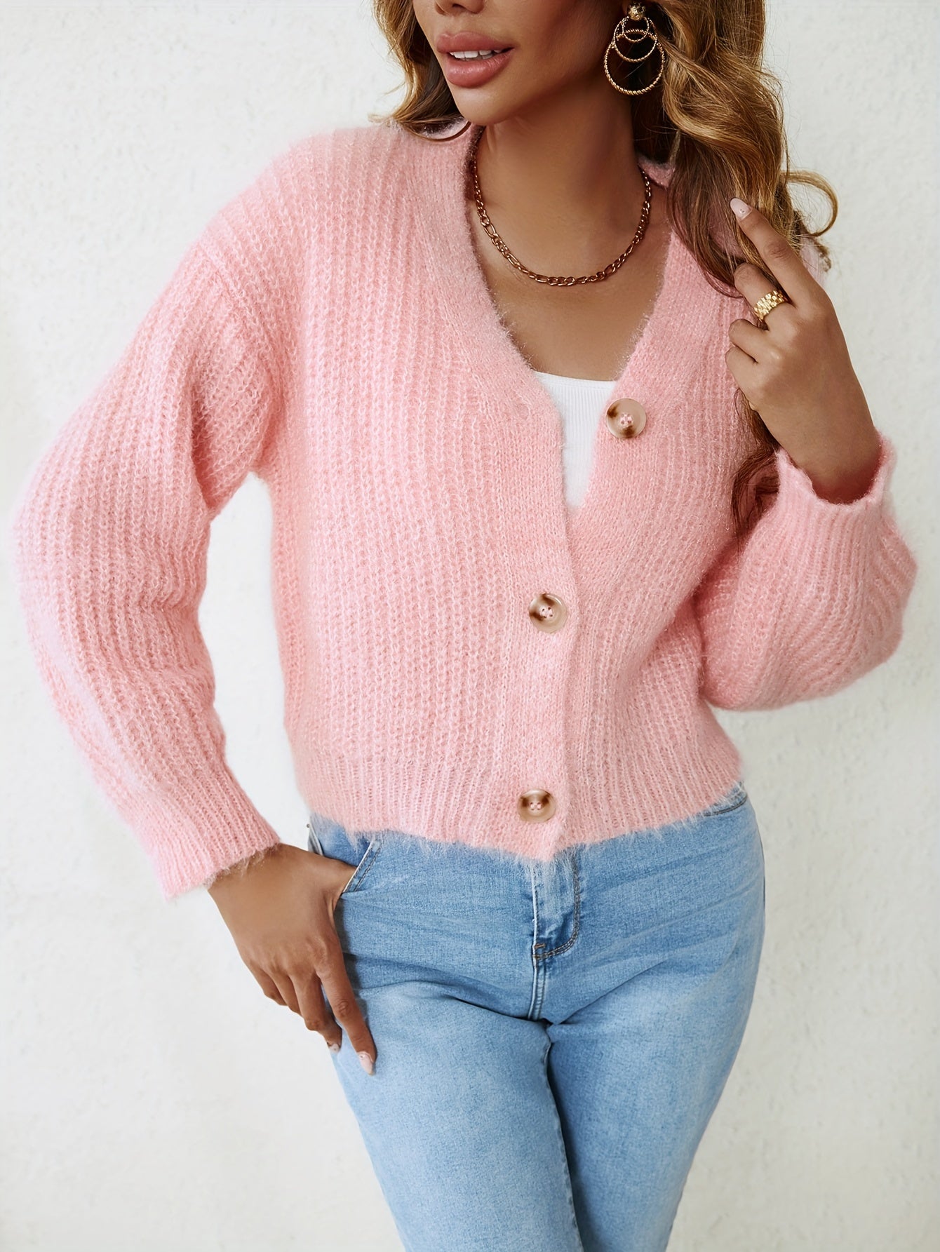 vlovelaw Solid Button Up Knit Cardigan, Cute V Neck Long Sleeve Sweater, Women's Clothing