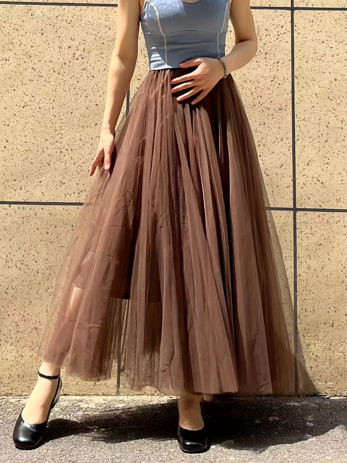 vlovelaw Mesh Pleated Skirts, Elegant High Waist Drawstring Maxi Skirts, Women's Clothing