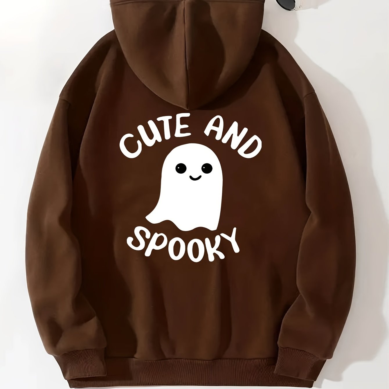 Cute Ghost Graphic Long Sleeve Fleece Hooded Sweatshirts For Halloween, Drawstring Sports Hoodie With Front Pocket, Women's Sporty Sweatshirts