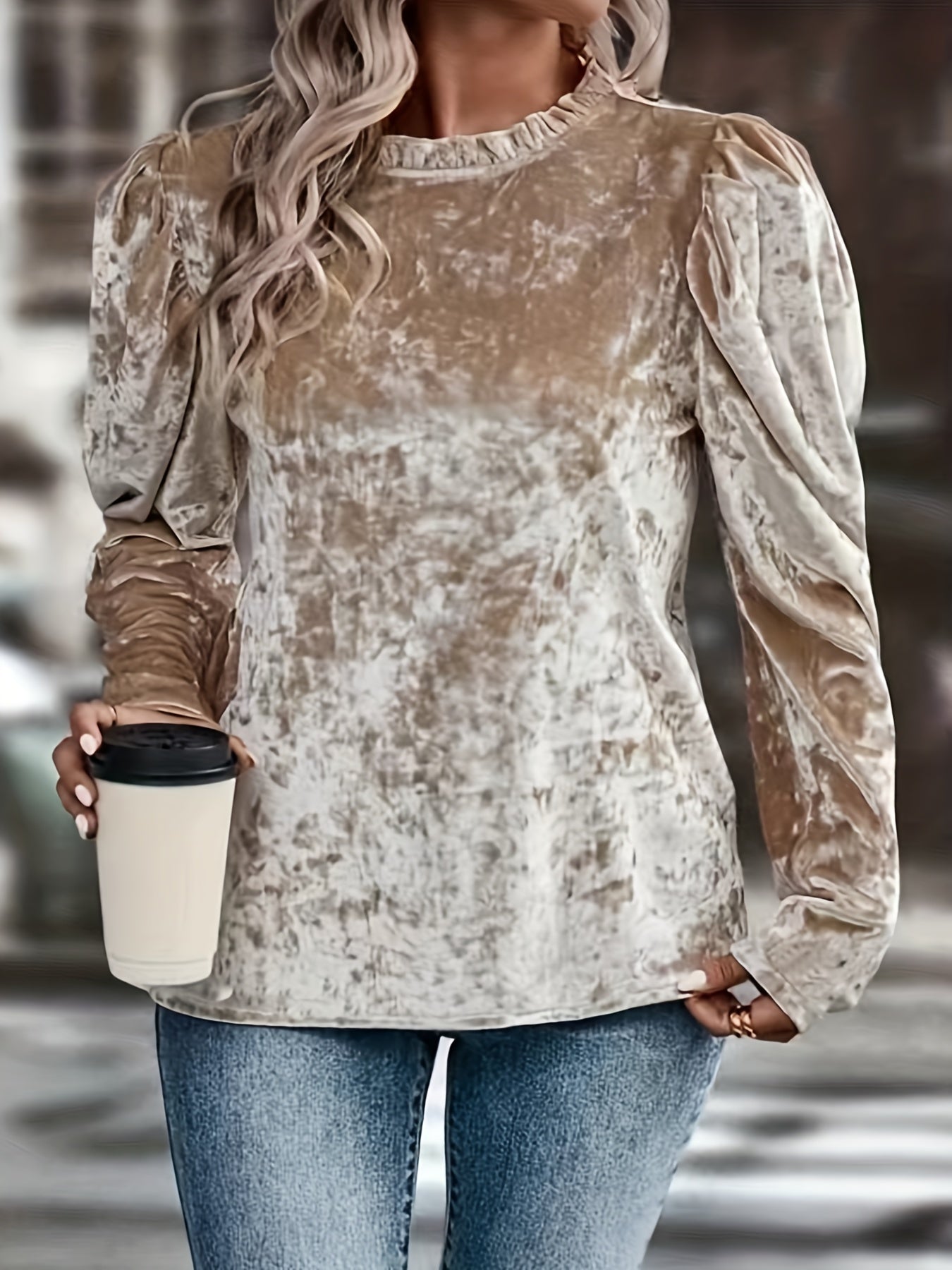 vlovelaw Plus Size Ruffle Neck Top, Casual Long Sleeve Velvet Top, Women's Plus Size Clothing