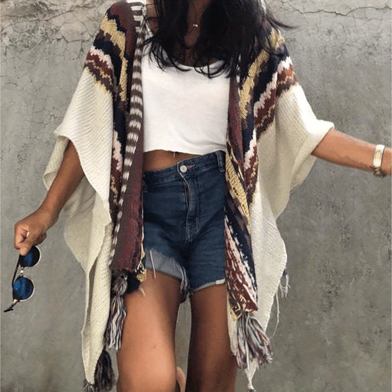 vlovelaw Bohemia Elegant Stretch Shawl Multi-color Striped Knitted Tassel Shawl Casual Warm Travel Outwear Wrap