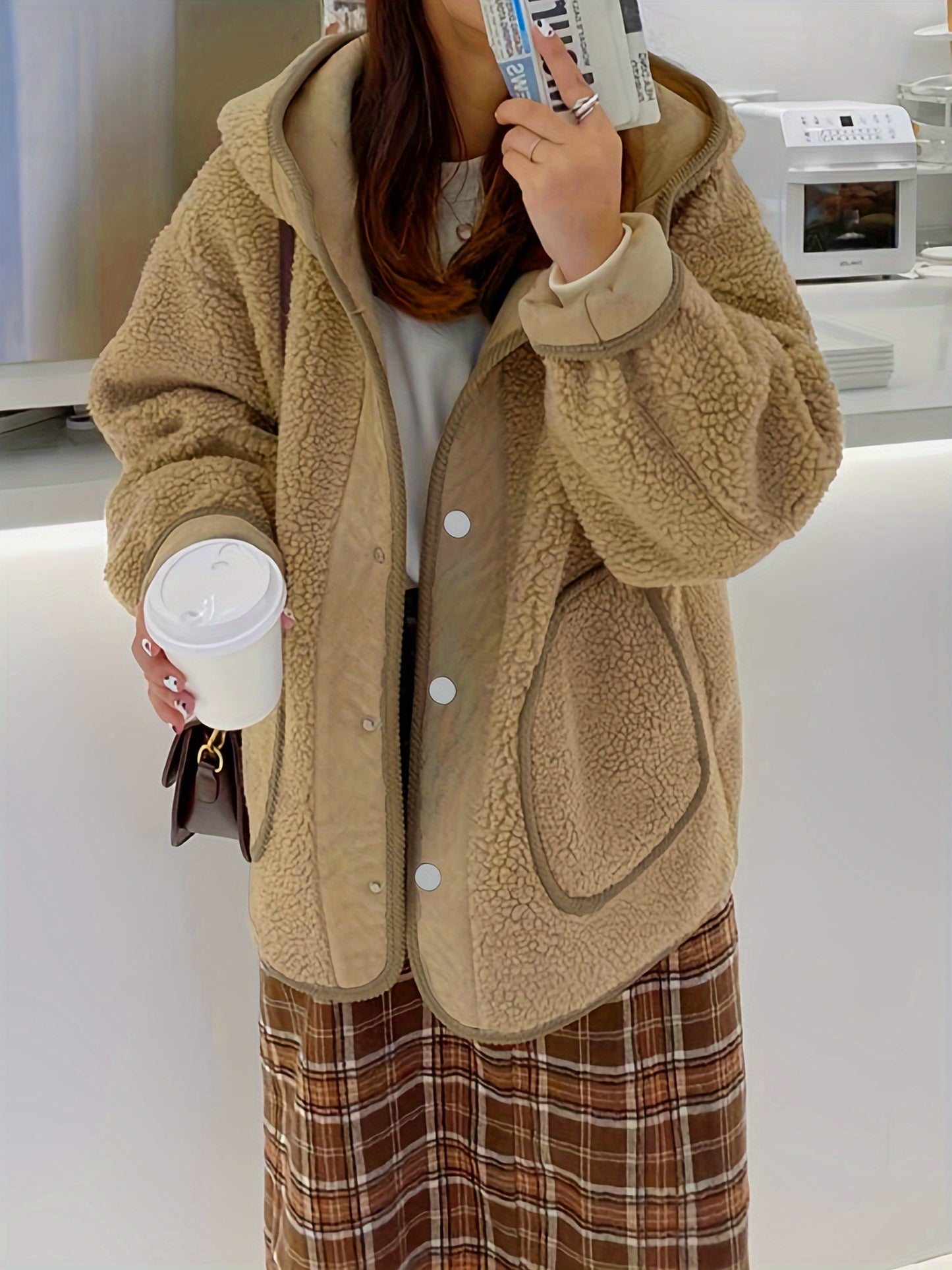 vlovelaw Solid Hooded Teddy Coat, Casual Button Front Long Sleeve Winter Outerwear, Women's Clothing