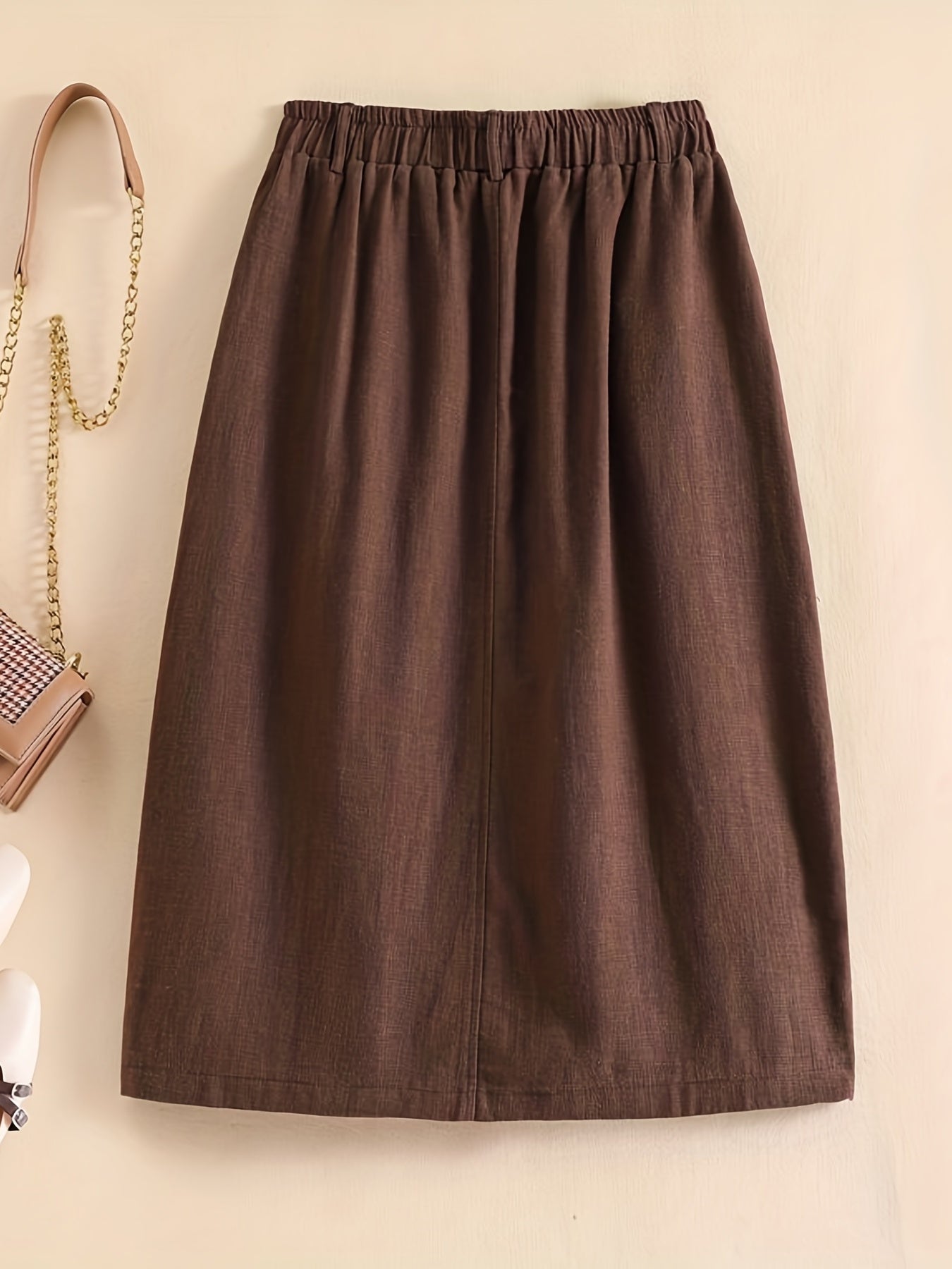Solid Elastic Waist Button Cotton Skirt, Vintage Pocket Midi Skirt For Spring & Fall, Women's Clothing