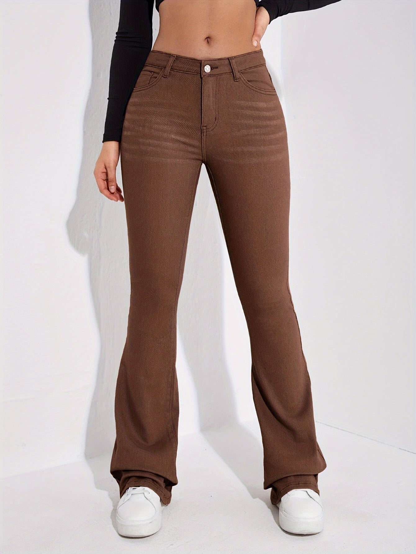 vlovelaw Solid Color Bootcut Jeans, Slant Pocket Mid-stretch Fitted Denim Pants, Women's Denim Jeans & Clothing