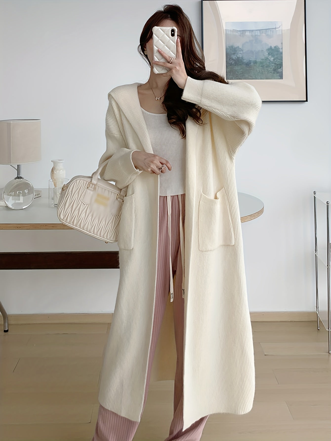 vlovelaw Solid Open Front Hooded Knit Cardigan, Casua Long Sleeve Mid Length Pocket Sweater Coat, Women's Clothing