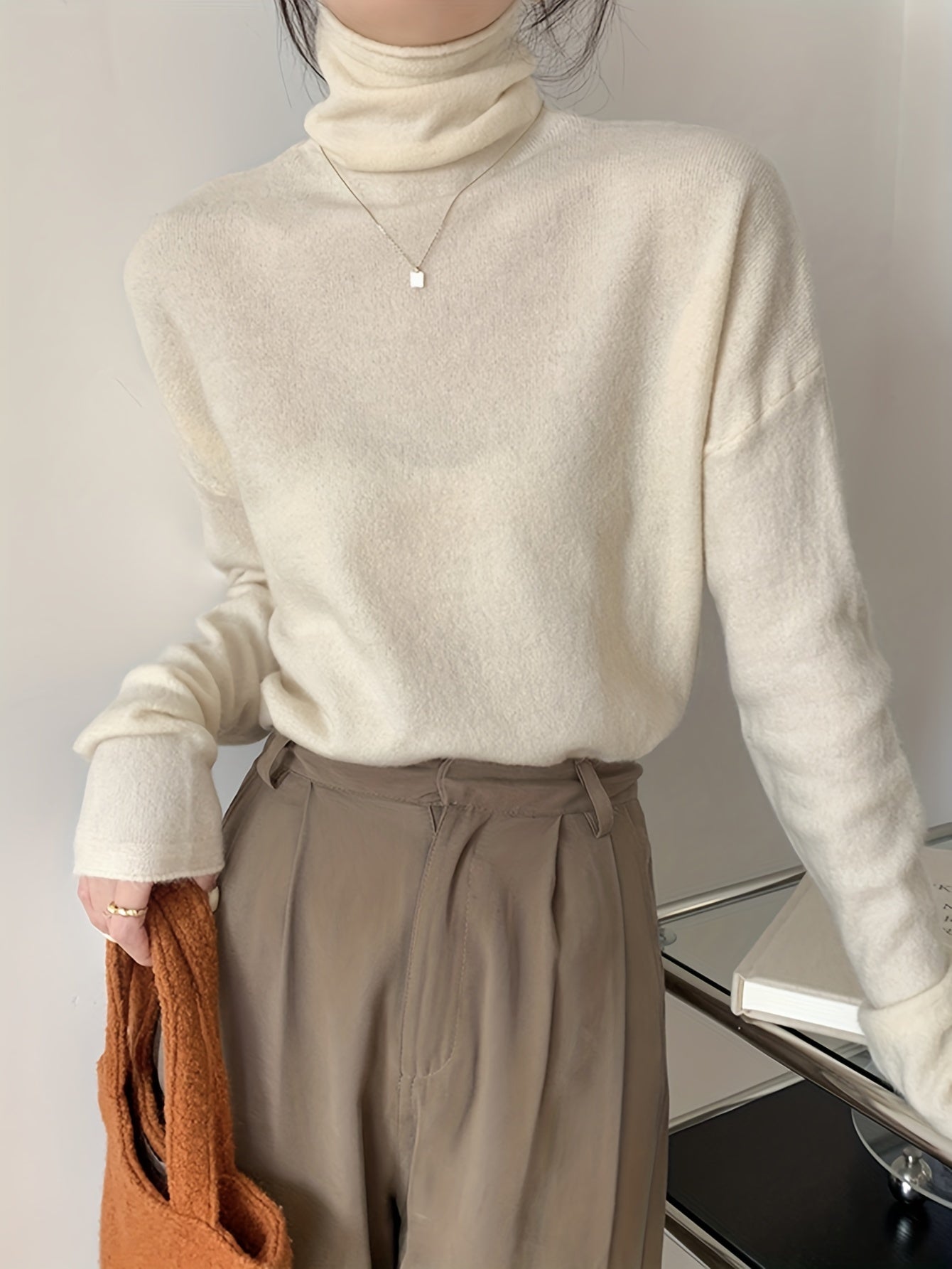 vlovelaw Solid Turtle Neck Pullover Sweater, Casual Long Sleeve Versatile Inner Wear Sweater, Women's Clothing