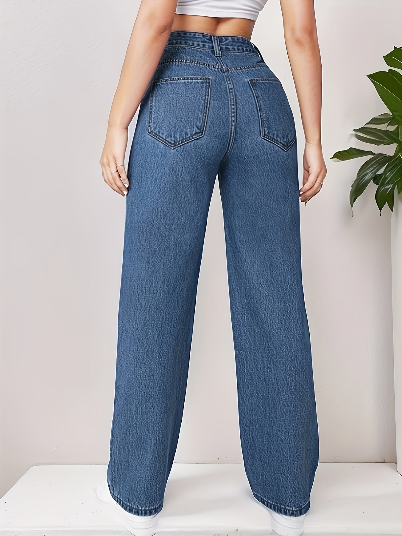 vlovelaw Blue Loose Fit Straight Jeans, High Waist Non-Stretch Slash Pockets Denim Pants, Women's Denim Jeans & Clothing