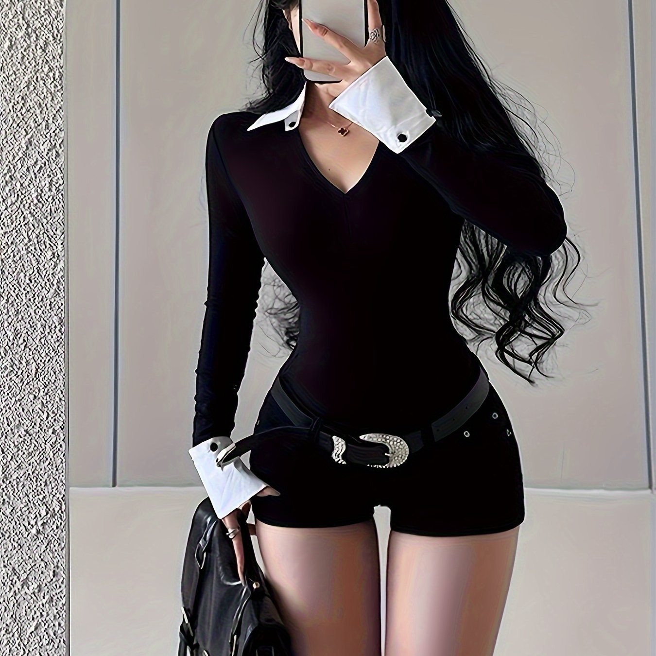 vlovelaw Color Block V Neck Skinny T-Shirt, Stylish Long Sleeve Splicing T-Shirt For Spring & Fall, Women's Clothing