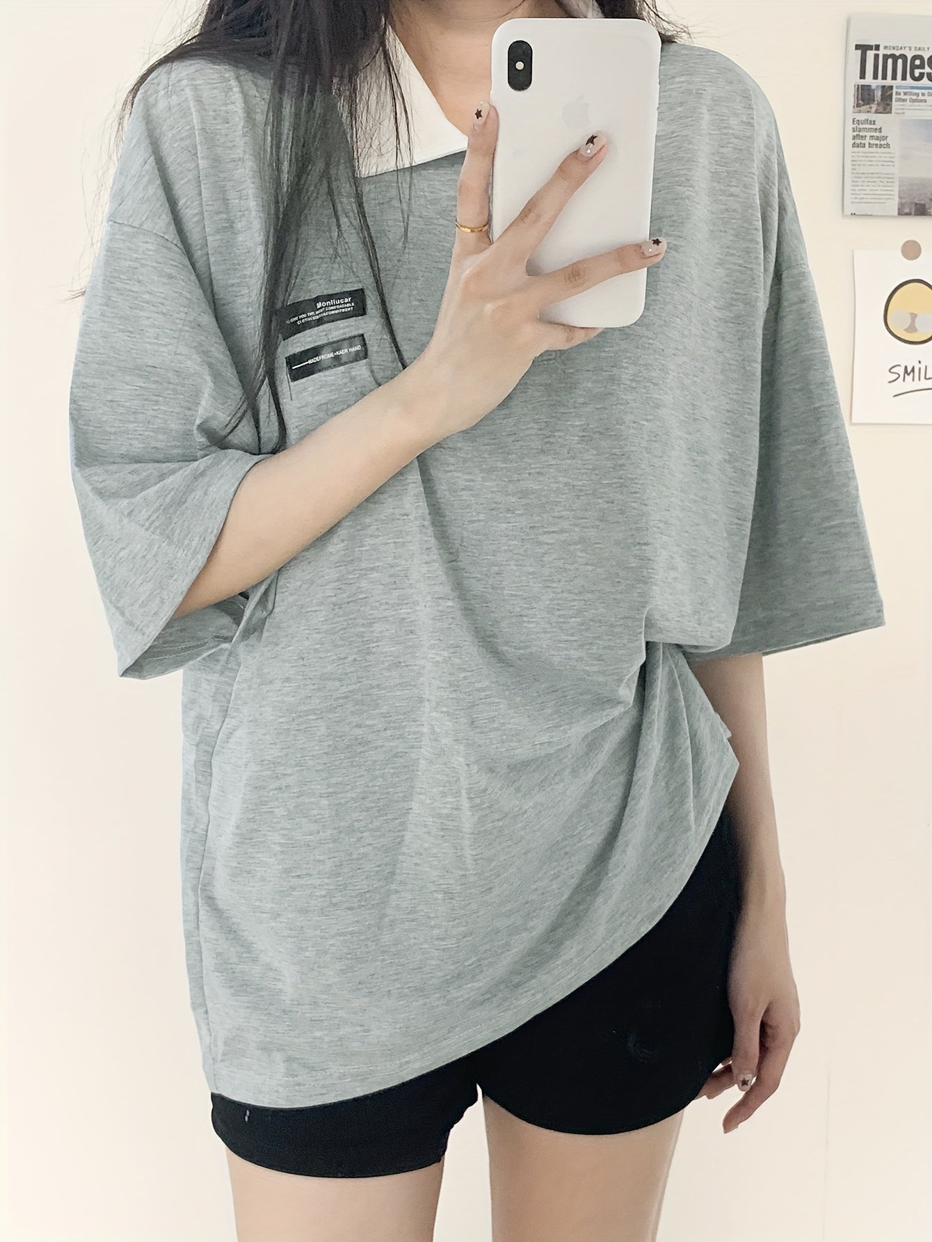 vlovelaw Letter Print T-shirt, Casual Short Sleeve Collared Top For Spring & Summer, Women's Clothing