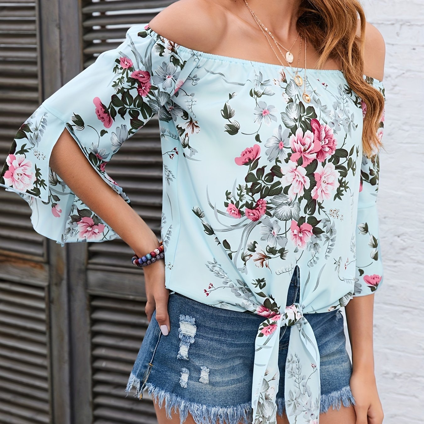 vlovelaw Floral Print Off Shoulder Blouse, Casual Half Sleeve Blouse For Spring & Summer, Women's Clothing