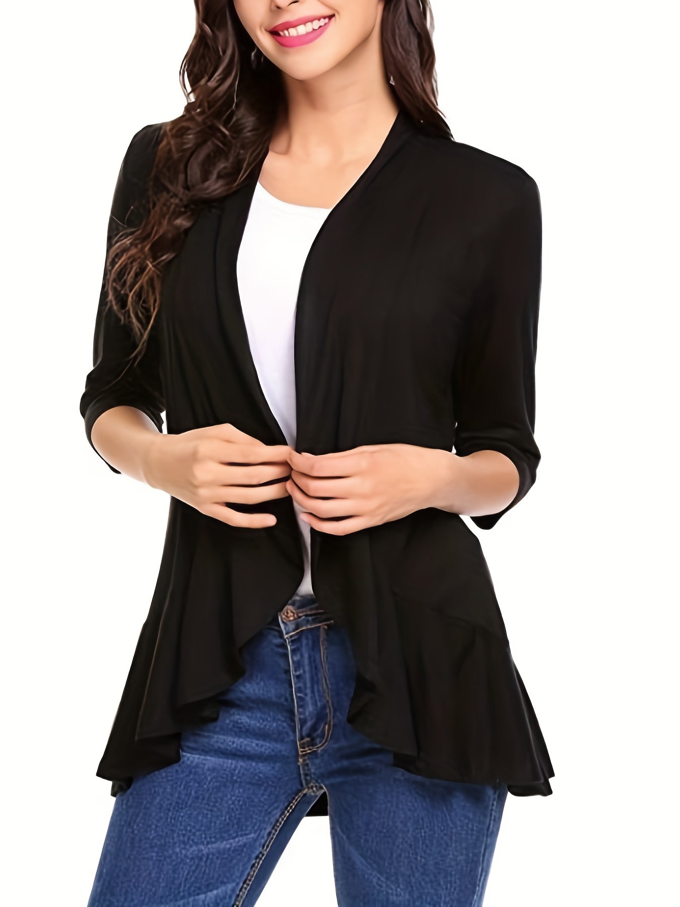 vlovelaw V-neck Loose Pleated Cardigans, Casual Frill Solid 3/4 Sleeve Spring Summer Fall Cardigan, Women's Clothing