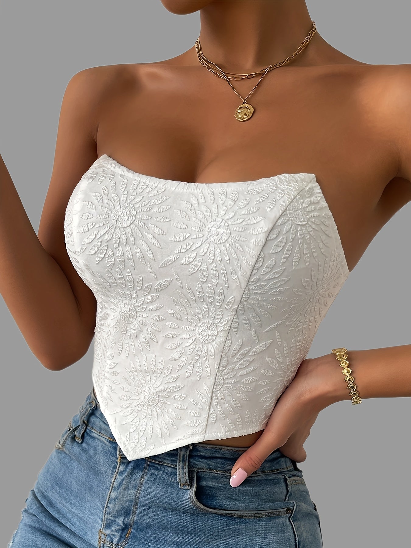 vlovelaw Floral Pattern Solid Tube Top, Casual Off Shoulder Hanky Hem Tube Top, Women's Clothing