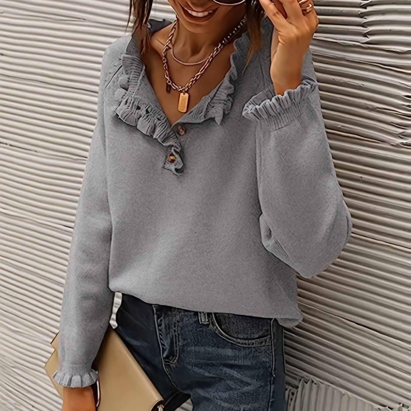 vlovelaw Solid V Neck Button Ruffle Hem Pullover Sweater, Casual Long Sleeve Sweater For Fall & Winter, Women's Clothing